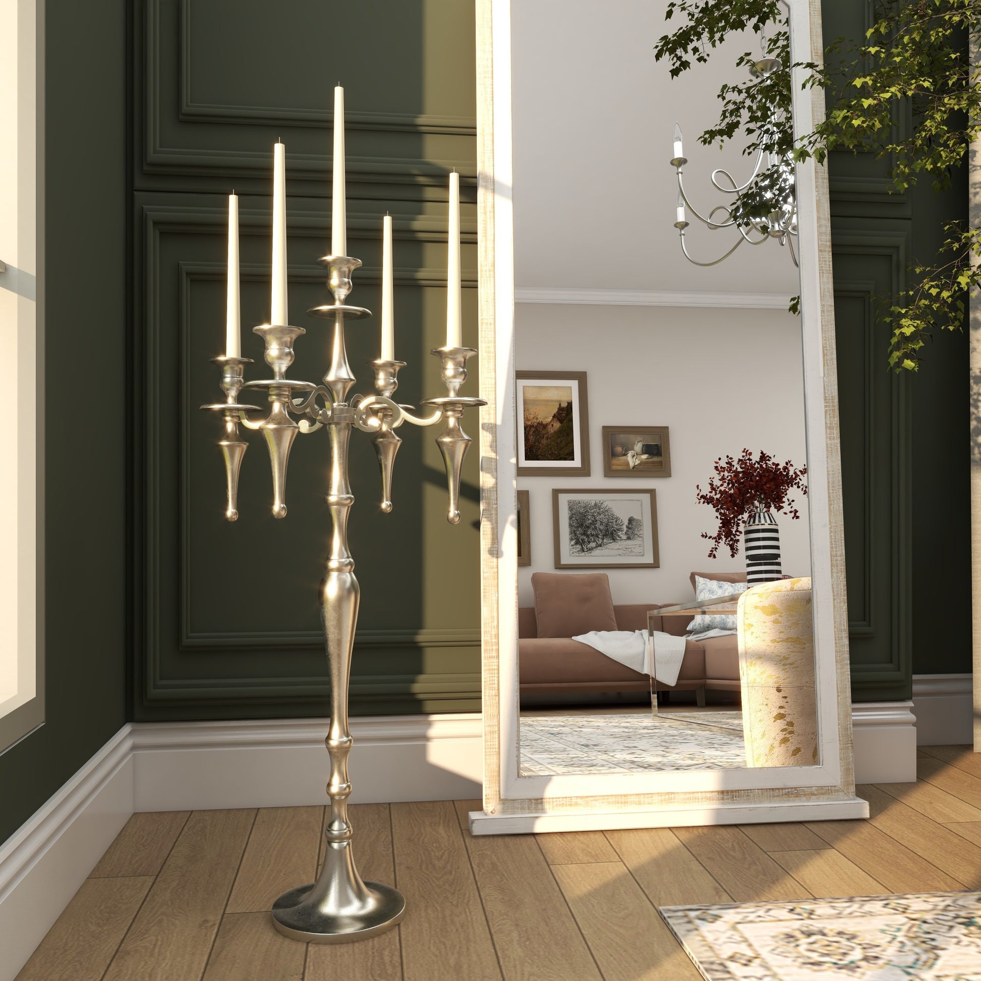 Scroll Silver Aluminum Metal Turned Floor 5 Plate Decorative Candelabra