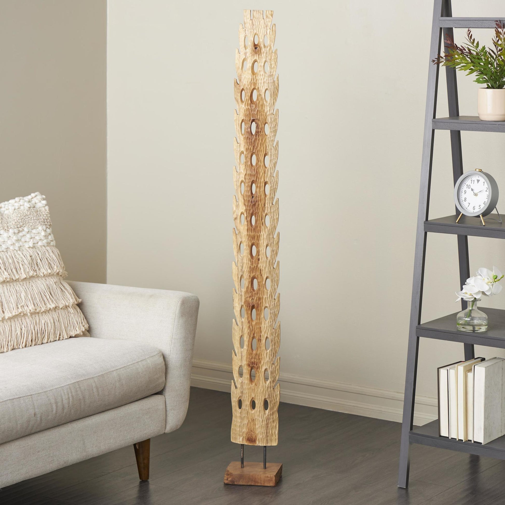 Abstract Brown Teak Wood Handmade Tall Floor Cutout Post Decorative Sculpture with Live Edge Base