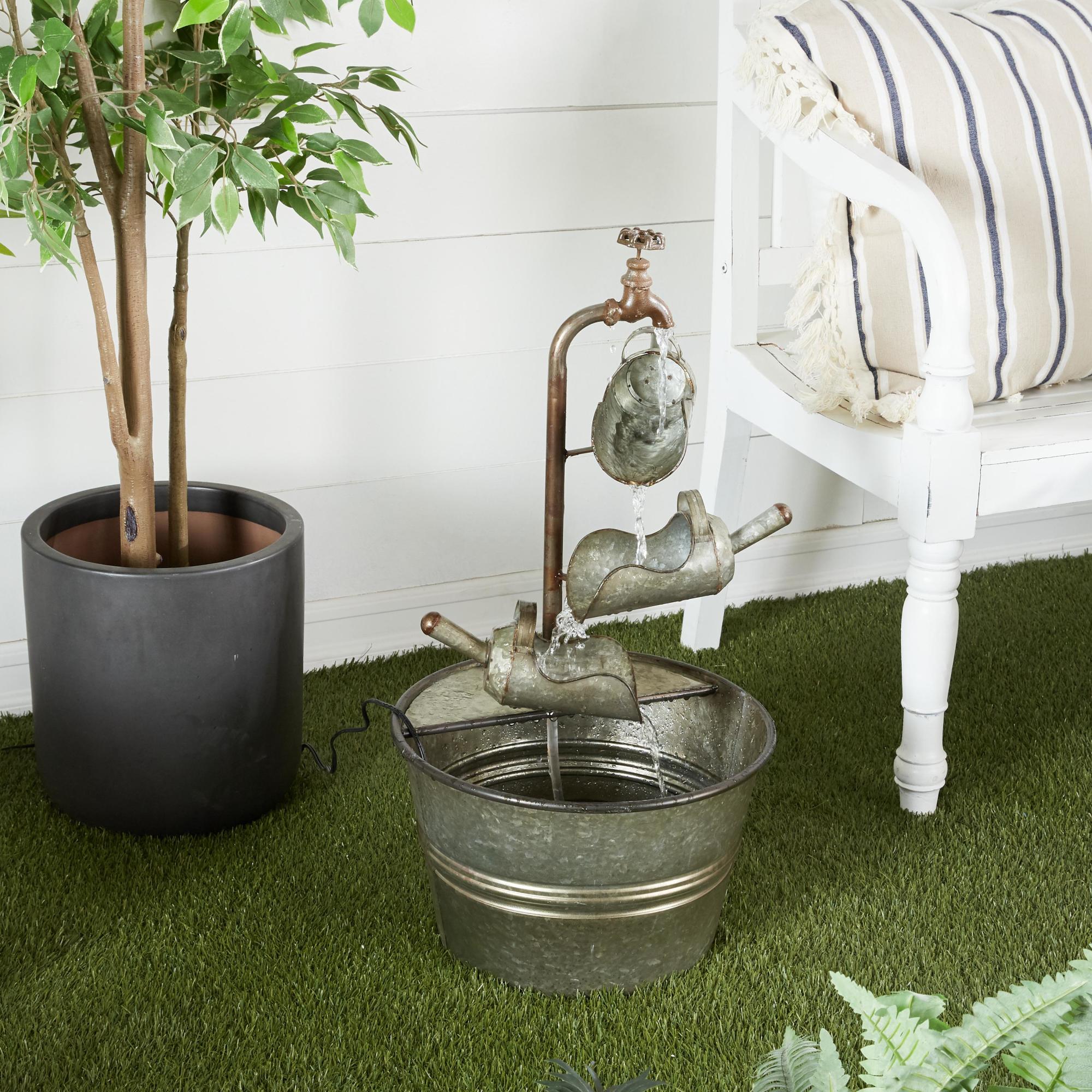 Gray Metal Indoor Outdoor Fountain with Watering Cans