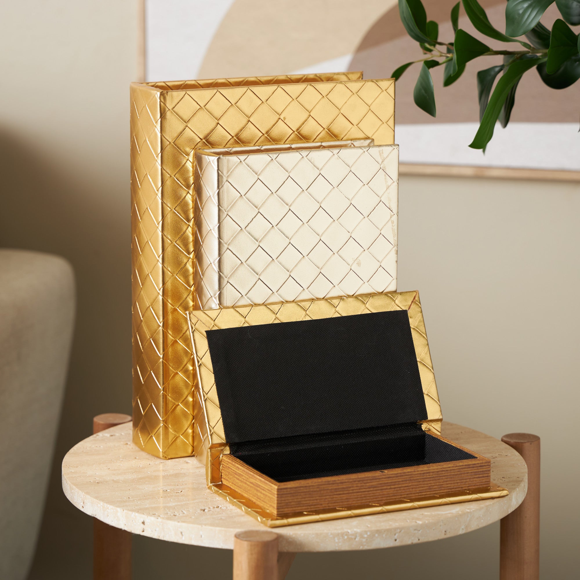 Set of 3 Geometric Gold Faux Leather Metallic Textured Diamond Faux Book Storage Decorative Box