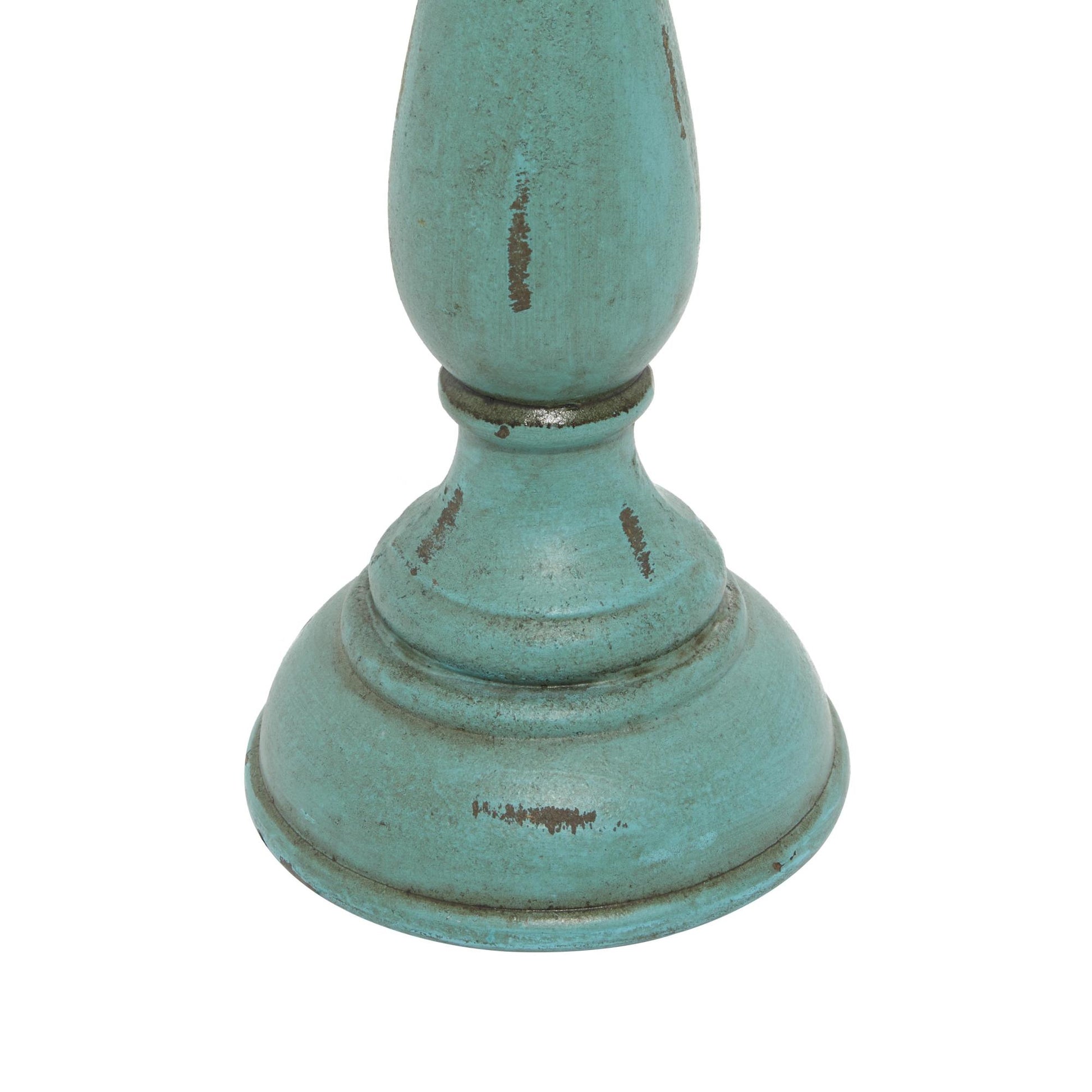 Set of 3 Teal Wooden Distressed Turned Decorative Candle Holder