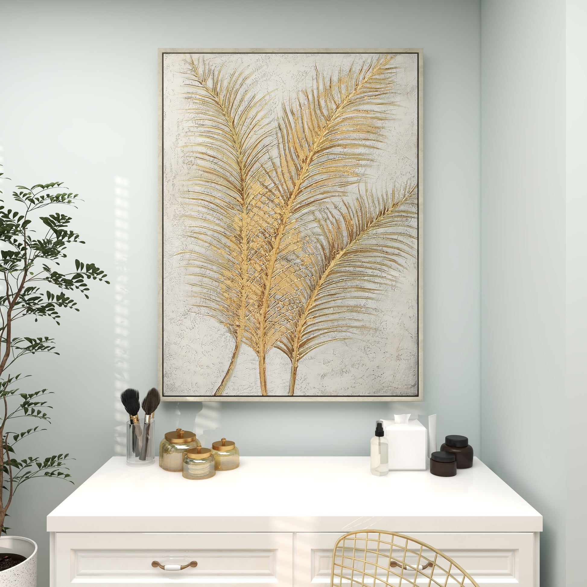 CosmoLiving by Cosmopolitan Leaf Gold Canvas Living Room Framed Wall Art with Silver Frame