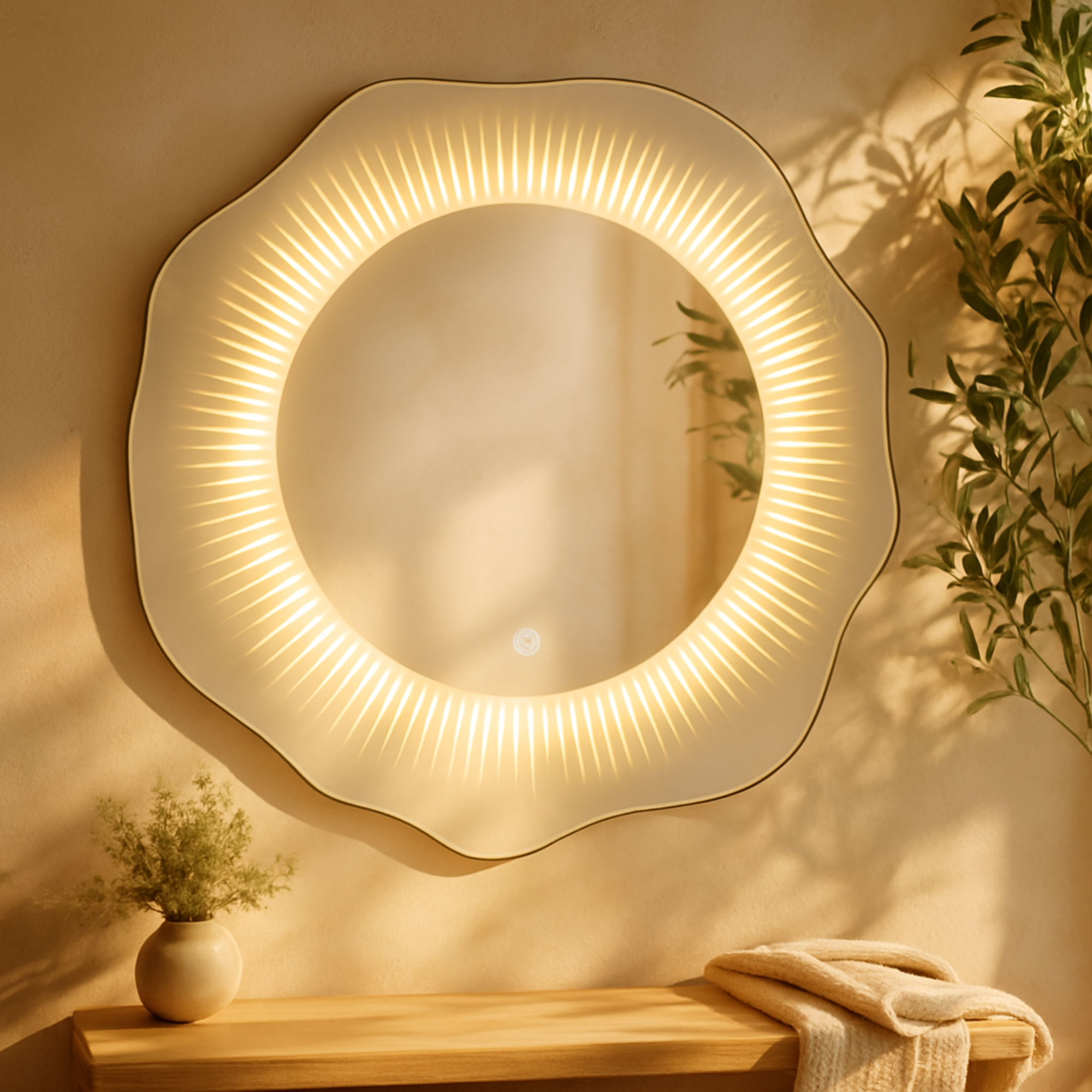 Abstract Silver Glass Wavy LED Room Wall Mirror with Radial Pattern