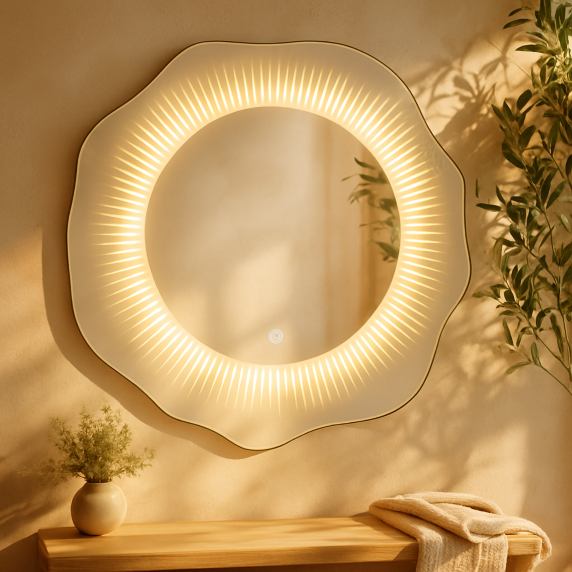 Abstract Silver Glass Wavy LED Room Wall Mirror with Radial Pattern