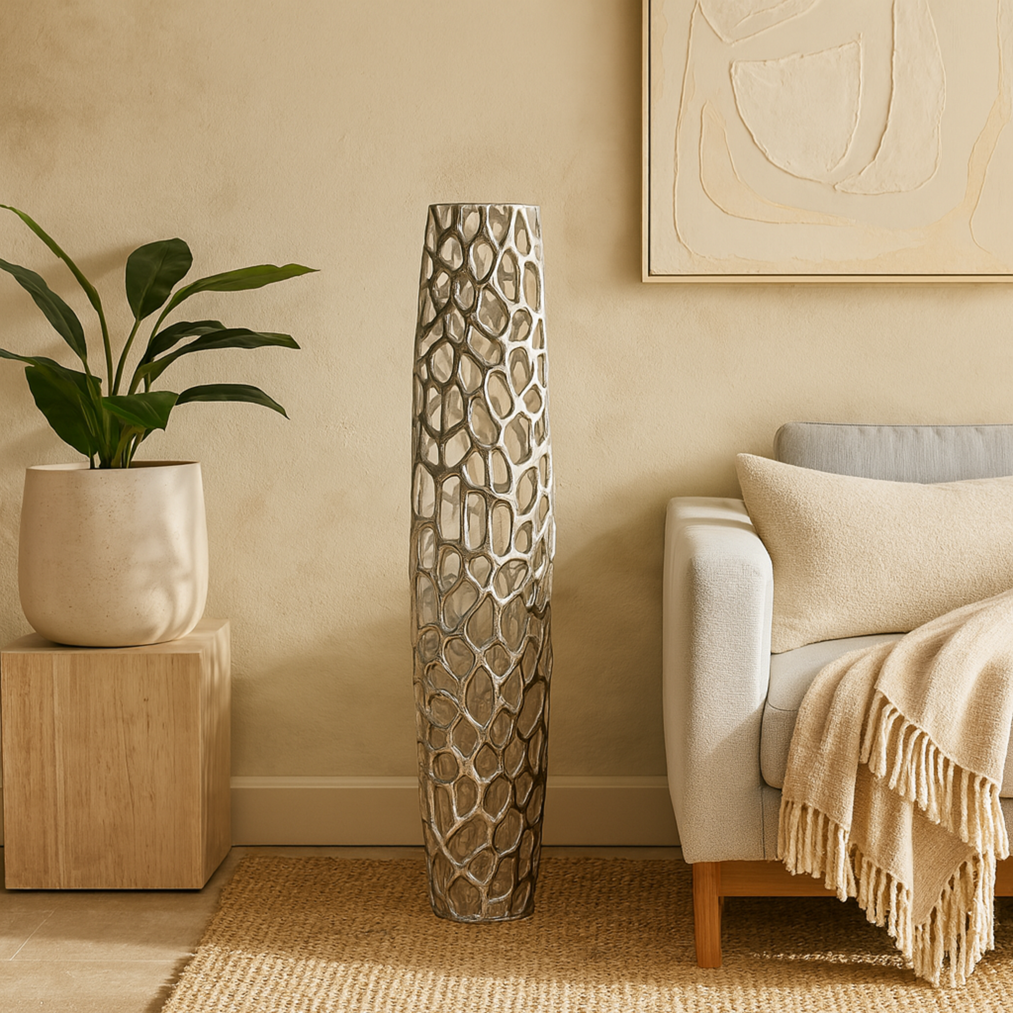 Coral Aluminum Metal Cutout Tall Floor Decorative Vase