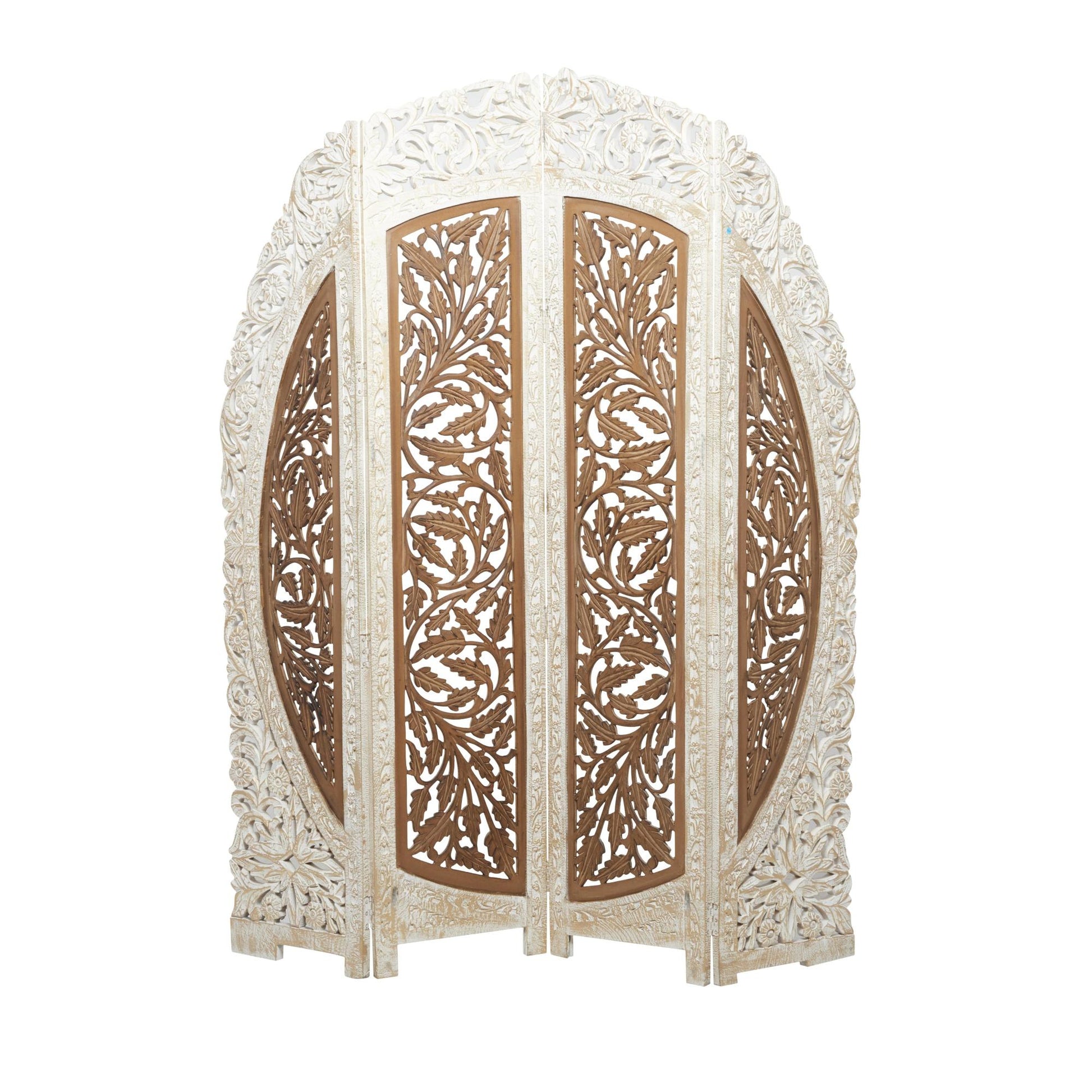 Floral Brown Mango Wood Handmade Foldable Partition 4 Panel Partition Room Divider Screen with Carved Designs