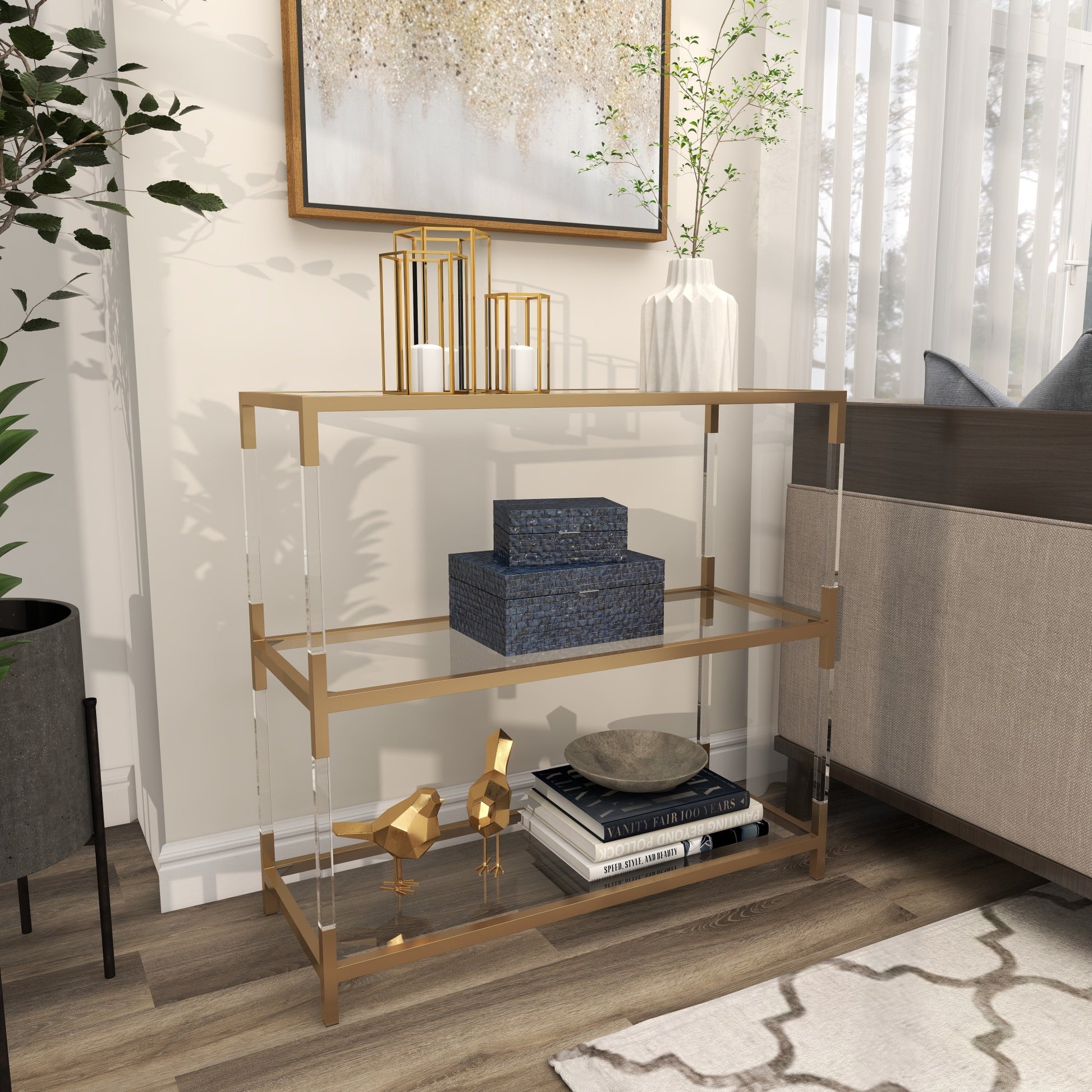 Gold Metal 2 Shelf Living Room Console Table with Clear Glass Top and Acrylic Legs