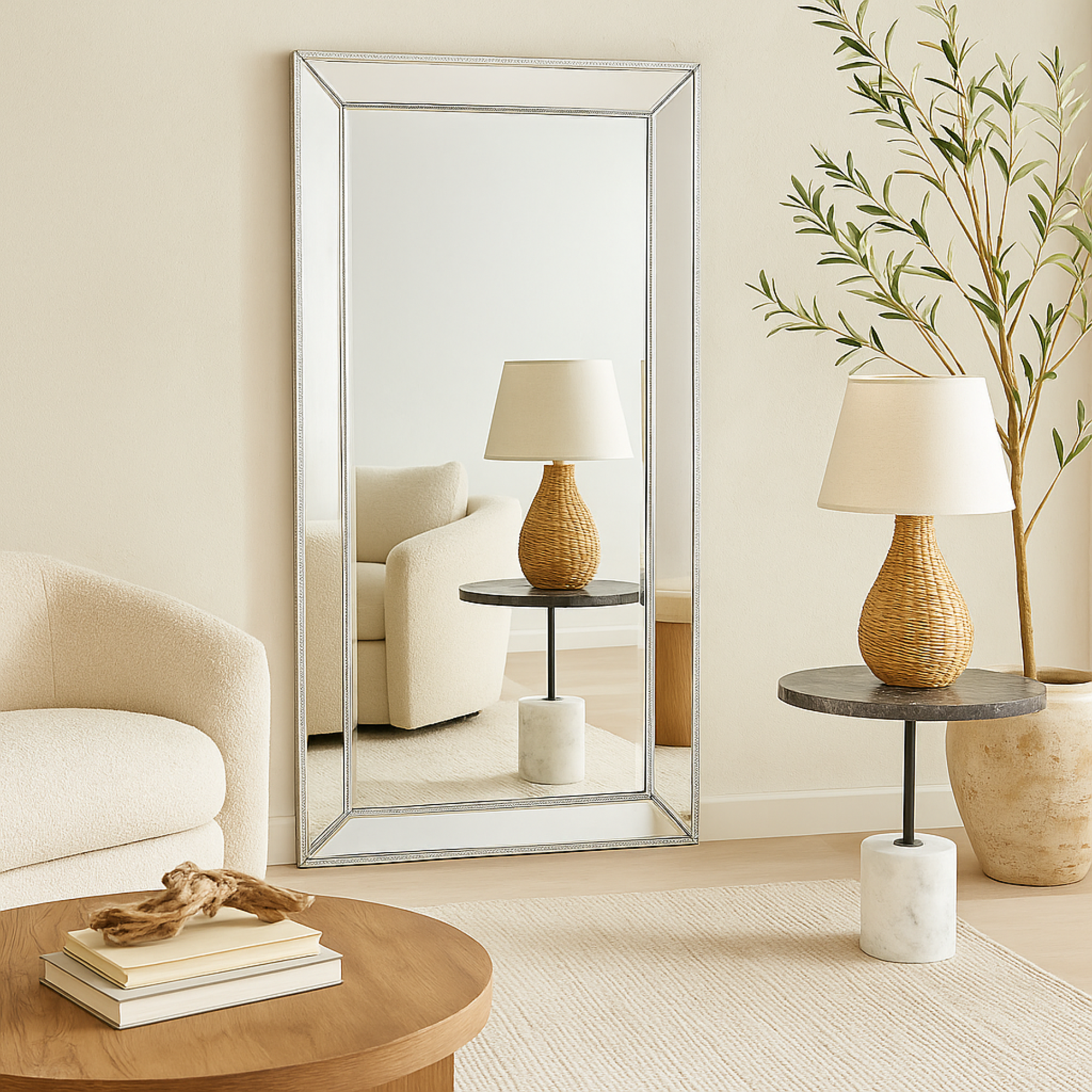 Silver Glass Beaded Room Floor Mirror with Beveled Picture Frame Edges