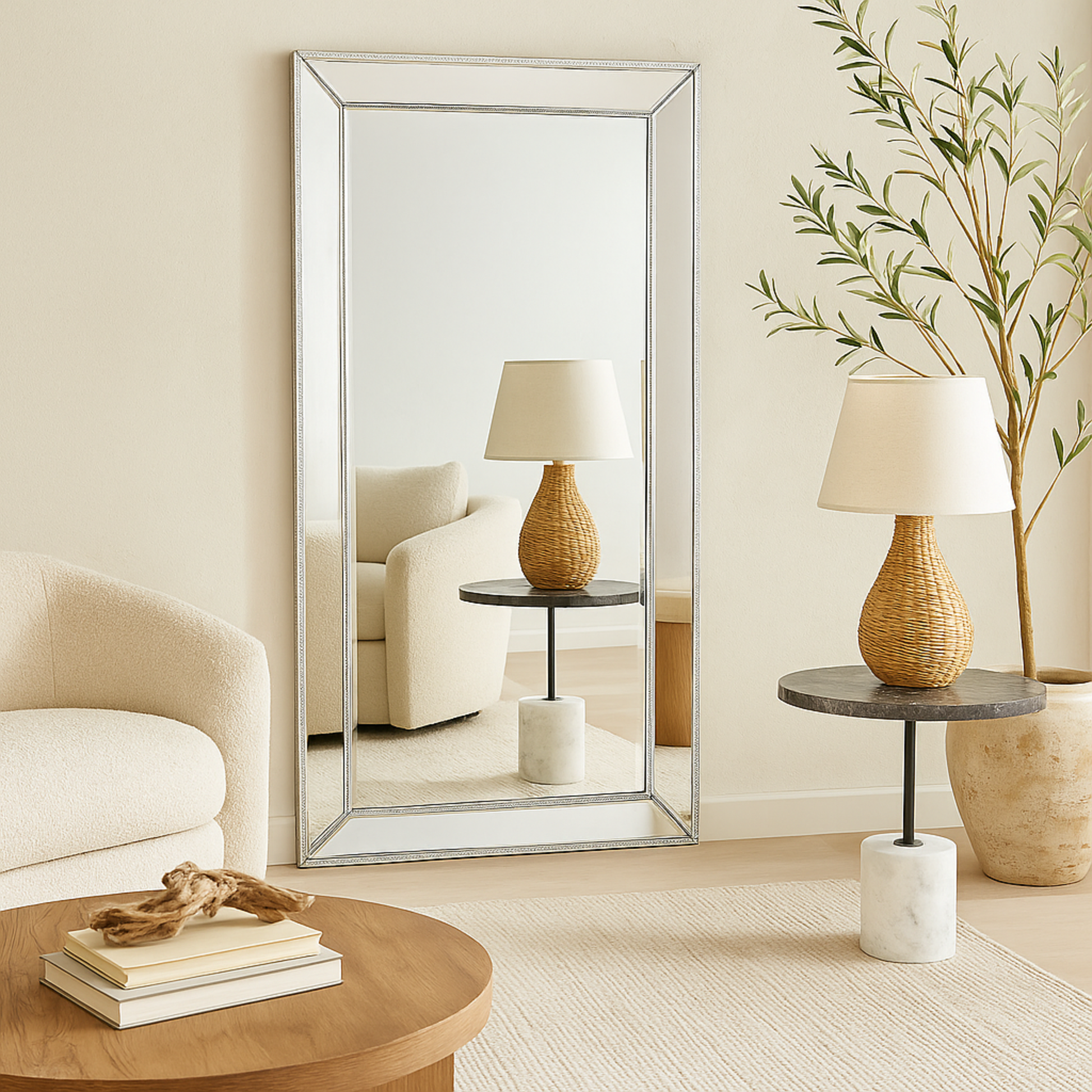 Silver Glass Beaded Room Floor Mirror with Beveled Picture Frame Edges