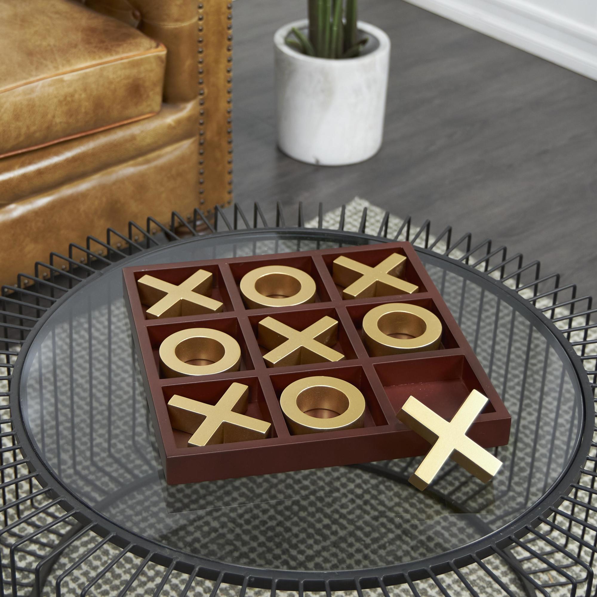 Tic Tac Toe Brown Wooden Home Decor Game Set with Gold X and O Pieces