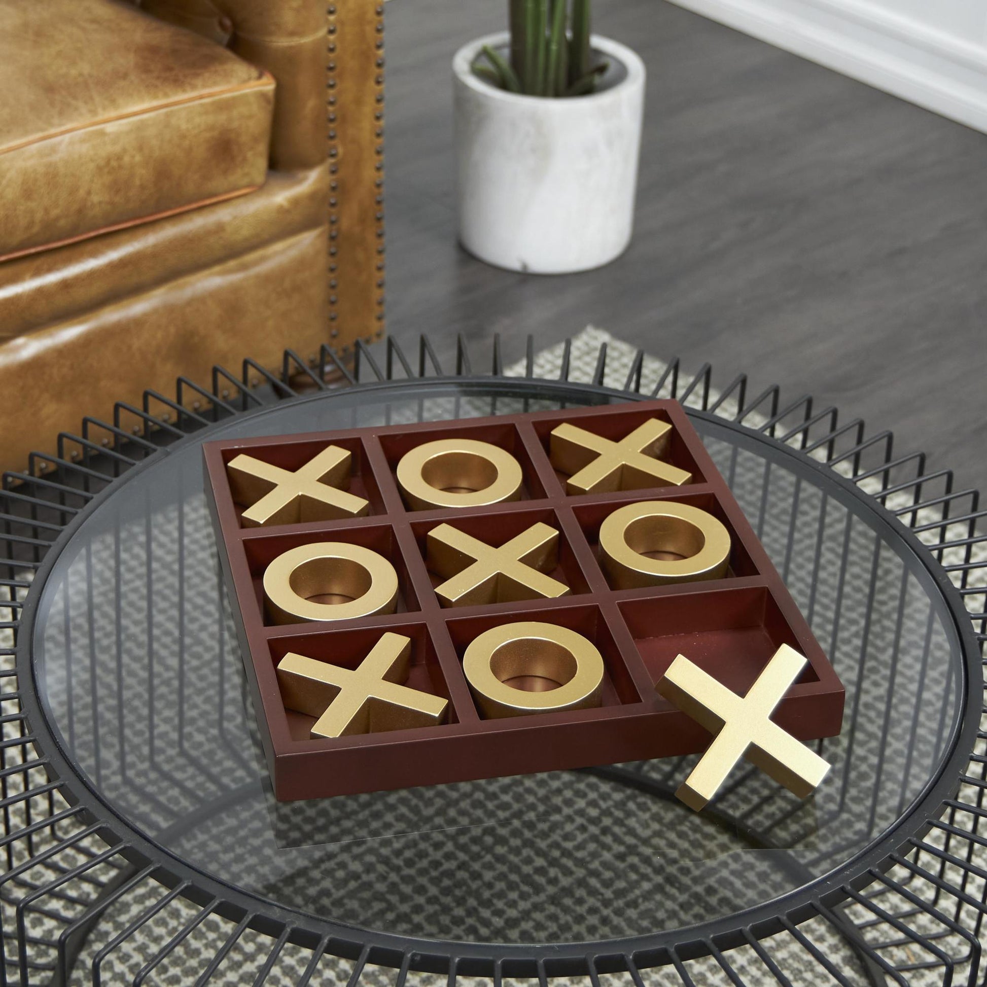 Tic Tac Toe Brown Wooden Home Decor Game Set with Gold X and O Pieces