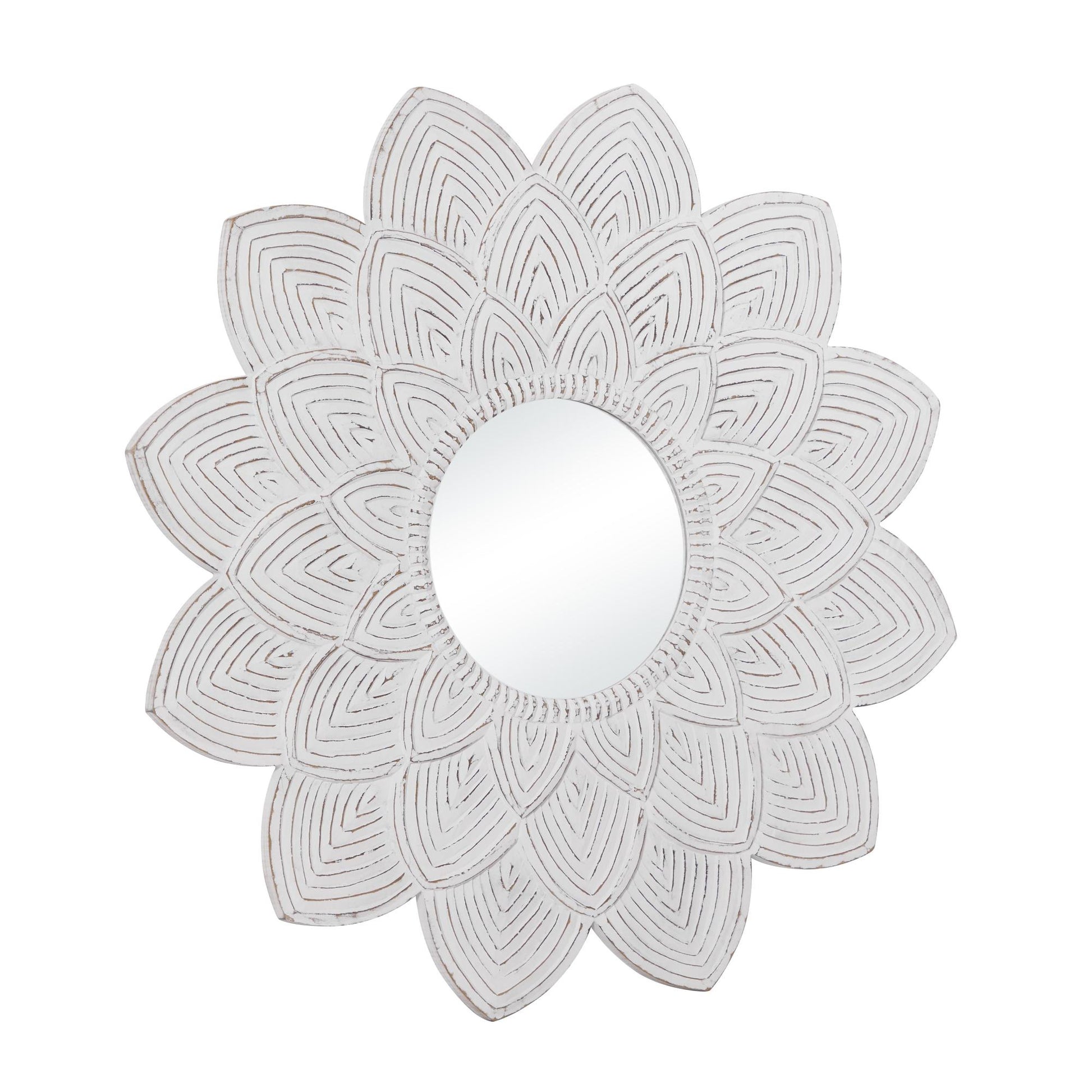 Floral White Wooden Carved Room Wall Mirror with Overlapping Petals