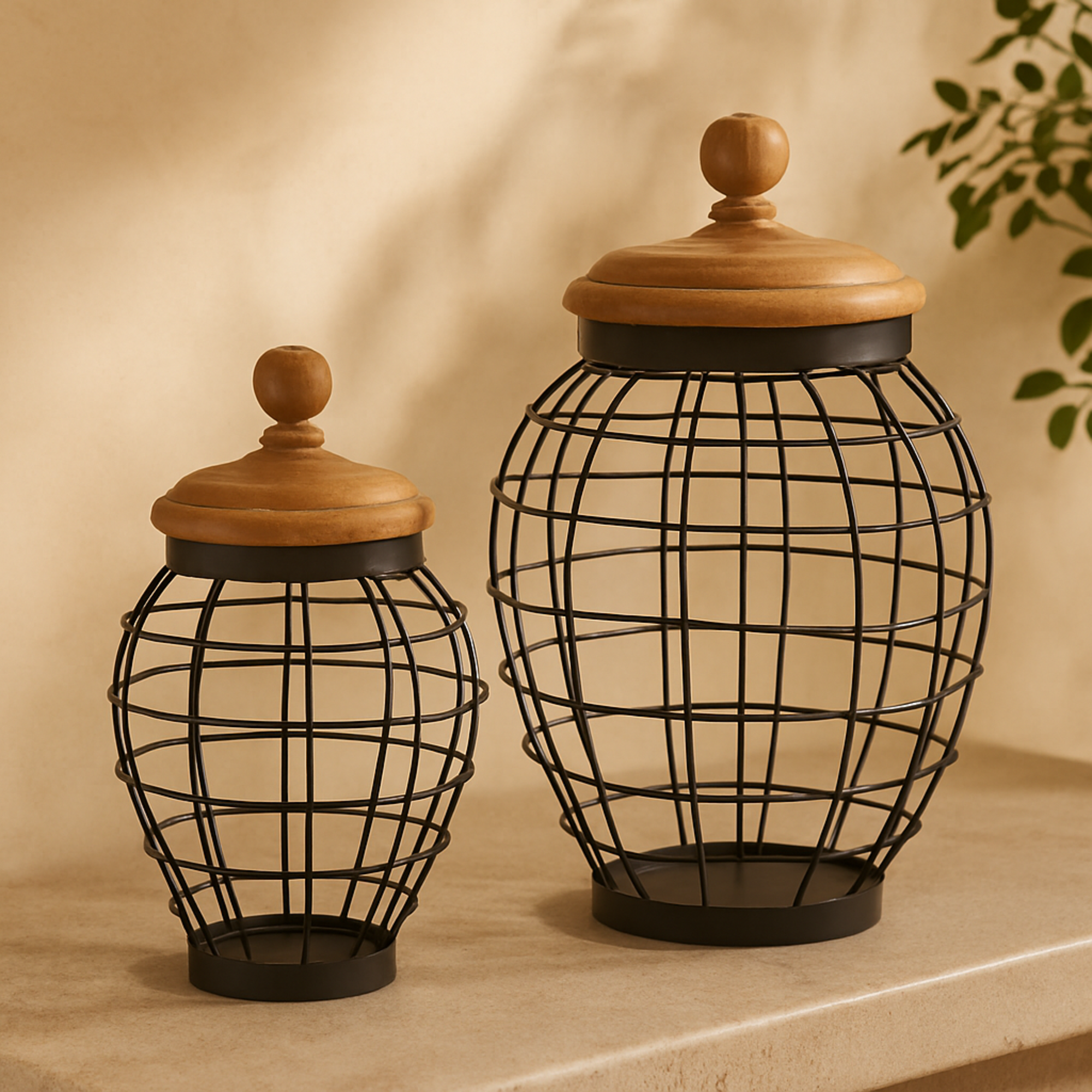 Set of 2 Black Metal Wire Caged Living Room Decorative Jars with Wooden Lids