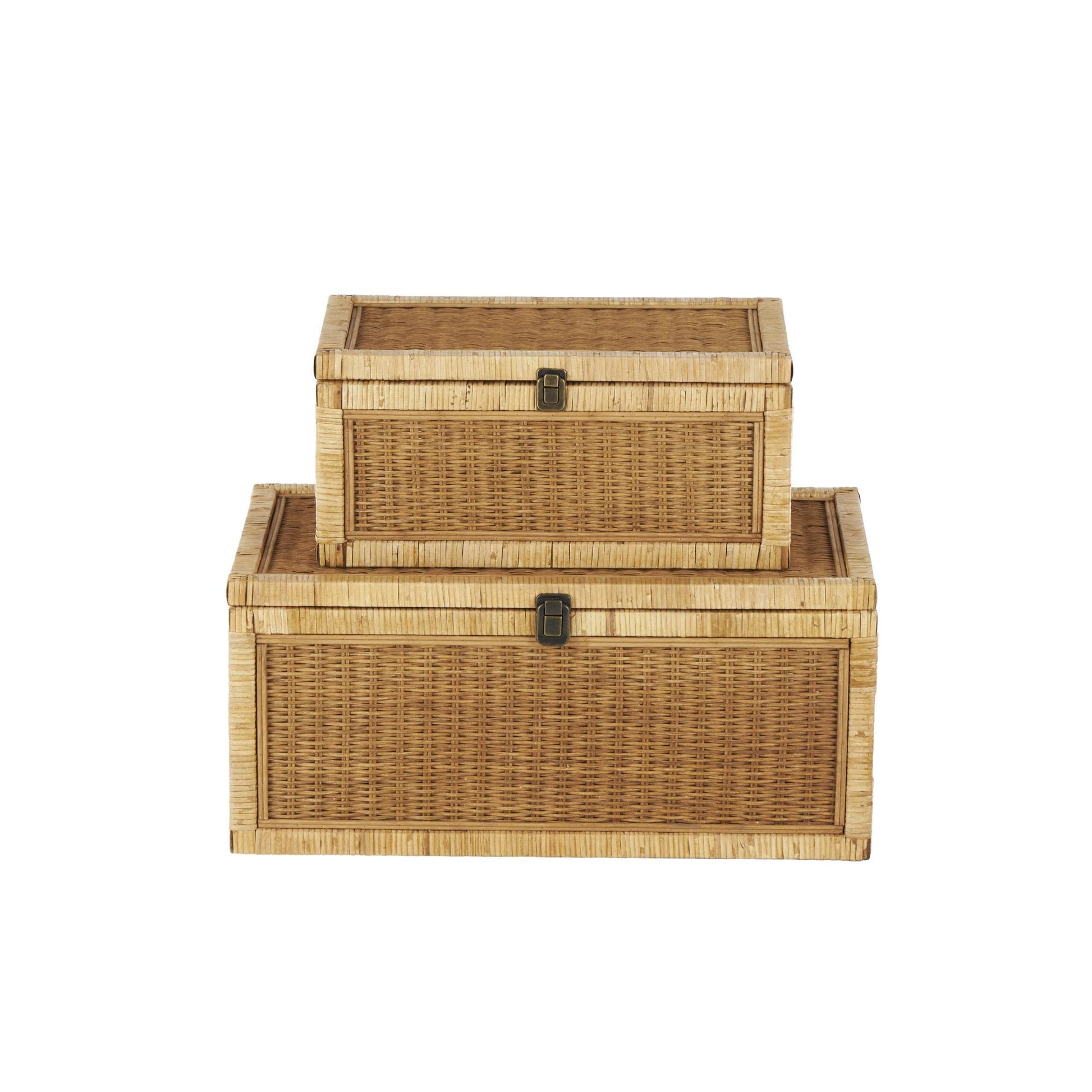 Set of 2 Brown Rattan Handmade Woven Storage Decorative Box with Wrapped Light Brown Edges