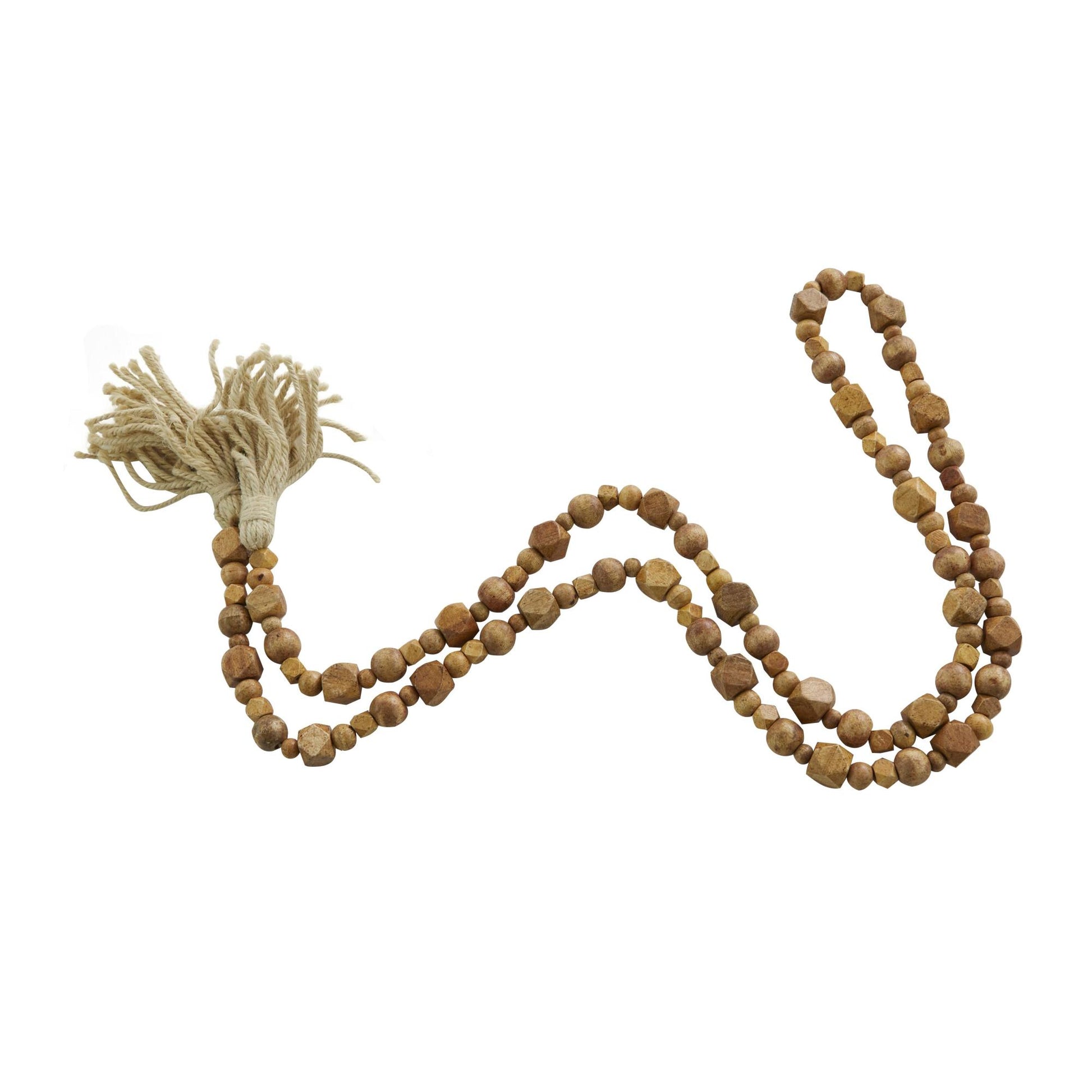 Mango Wood Handmade Hexagon Carved Geometric Long Beaded Garland with Tassel