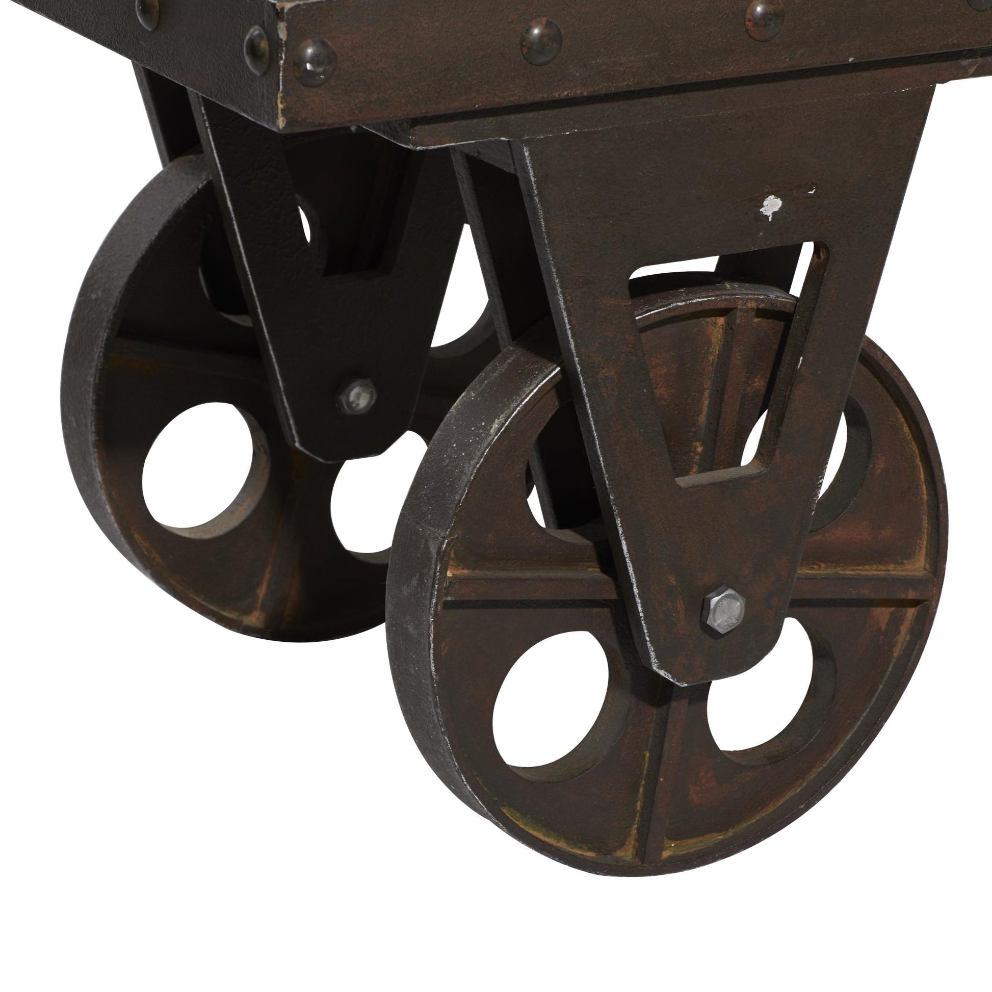 Brown Linen Fabric Vintage Industrial Inspired Home Bench with Wheels and Linen Upholstered Seat