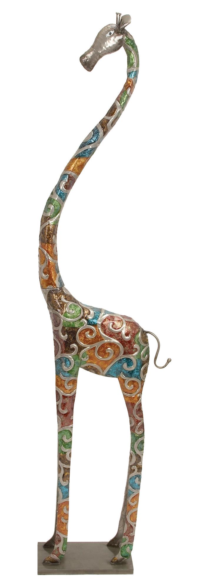 Giraffe Multi Colored Metal Indoor Outdoor Tall Decorative Sculpture with Detailed Embossed Scrollwork