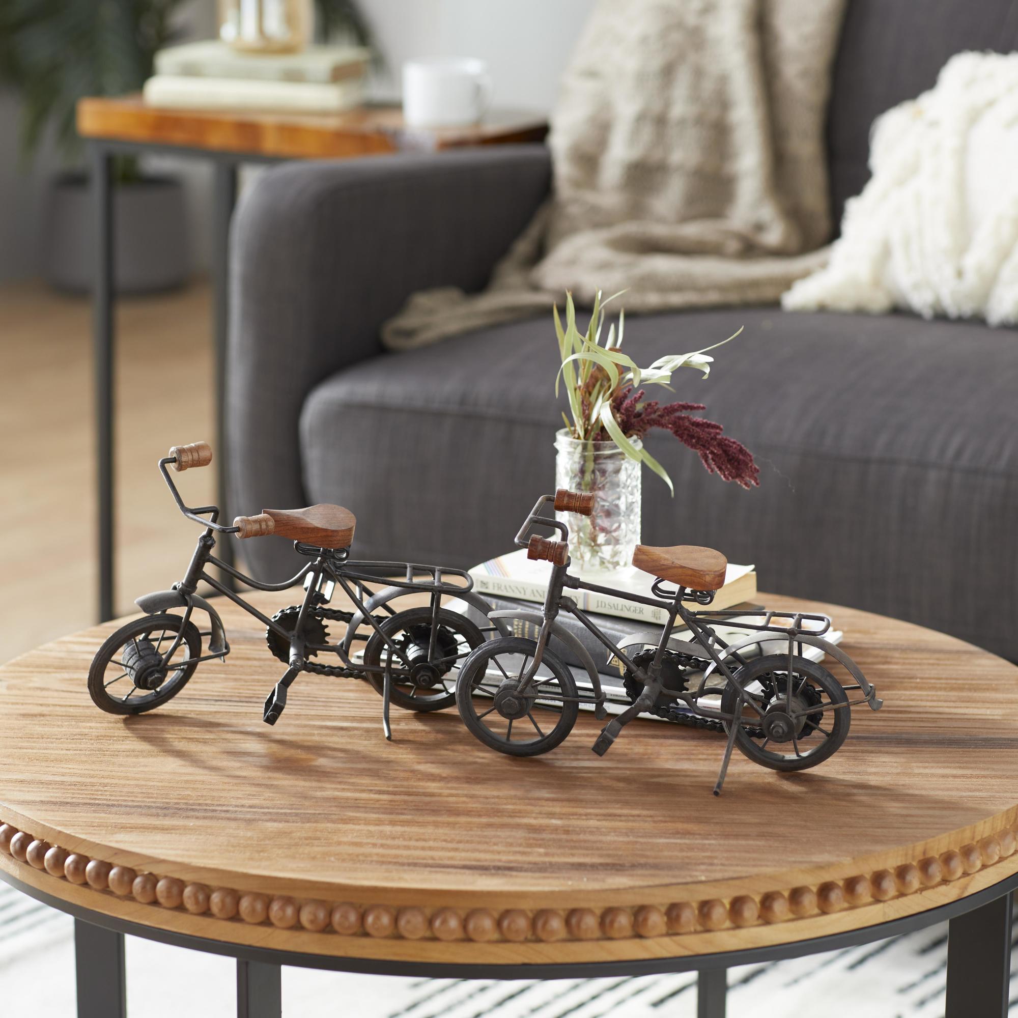 Set of 2 Bike Black Metal Decorative Sculpture with Wood Accents