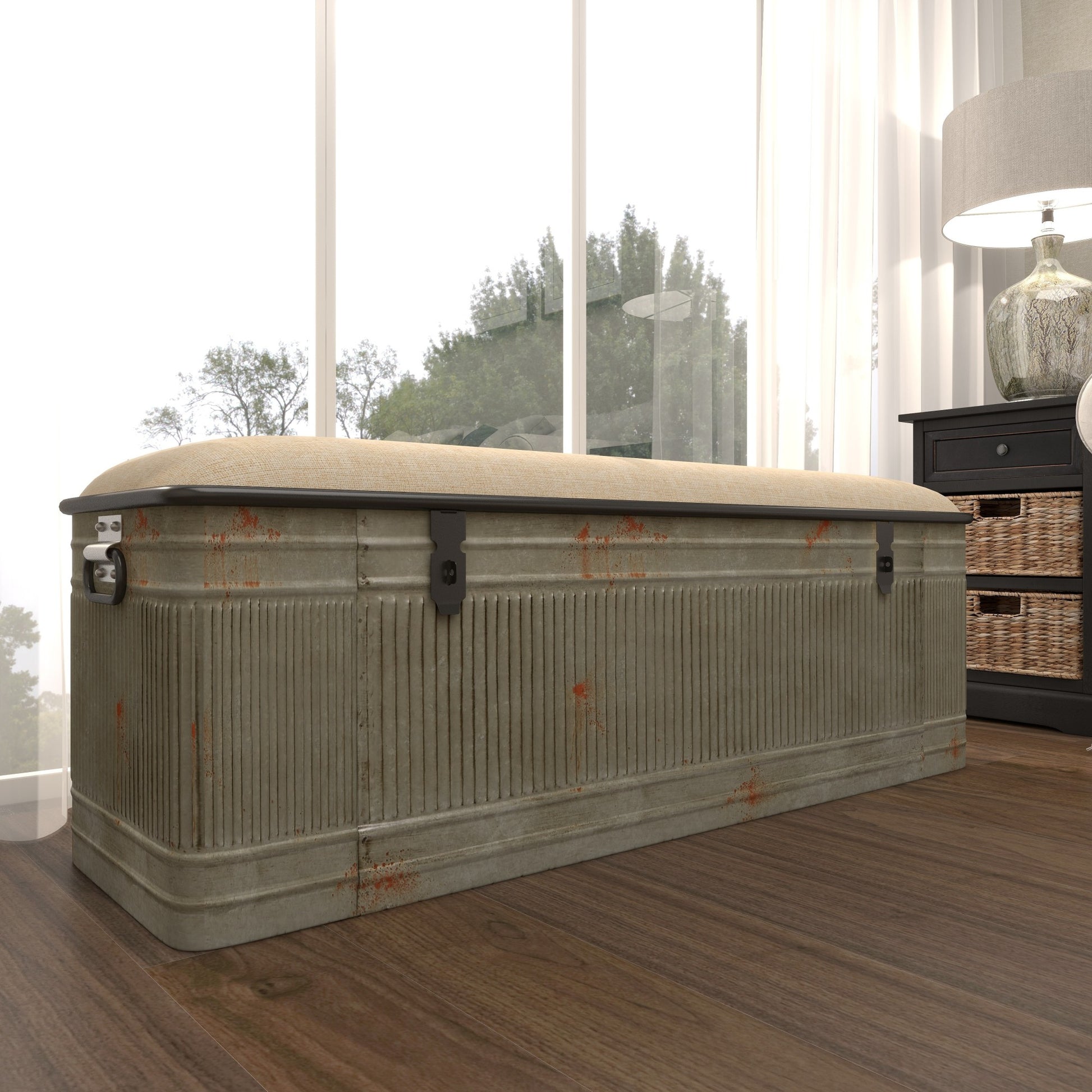Gray Metal Galvanized Room Storage Bench with Cream Burlap Top and Black Latches