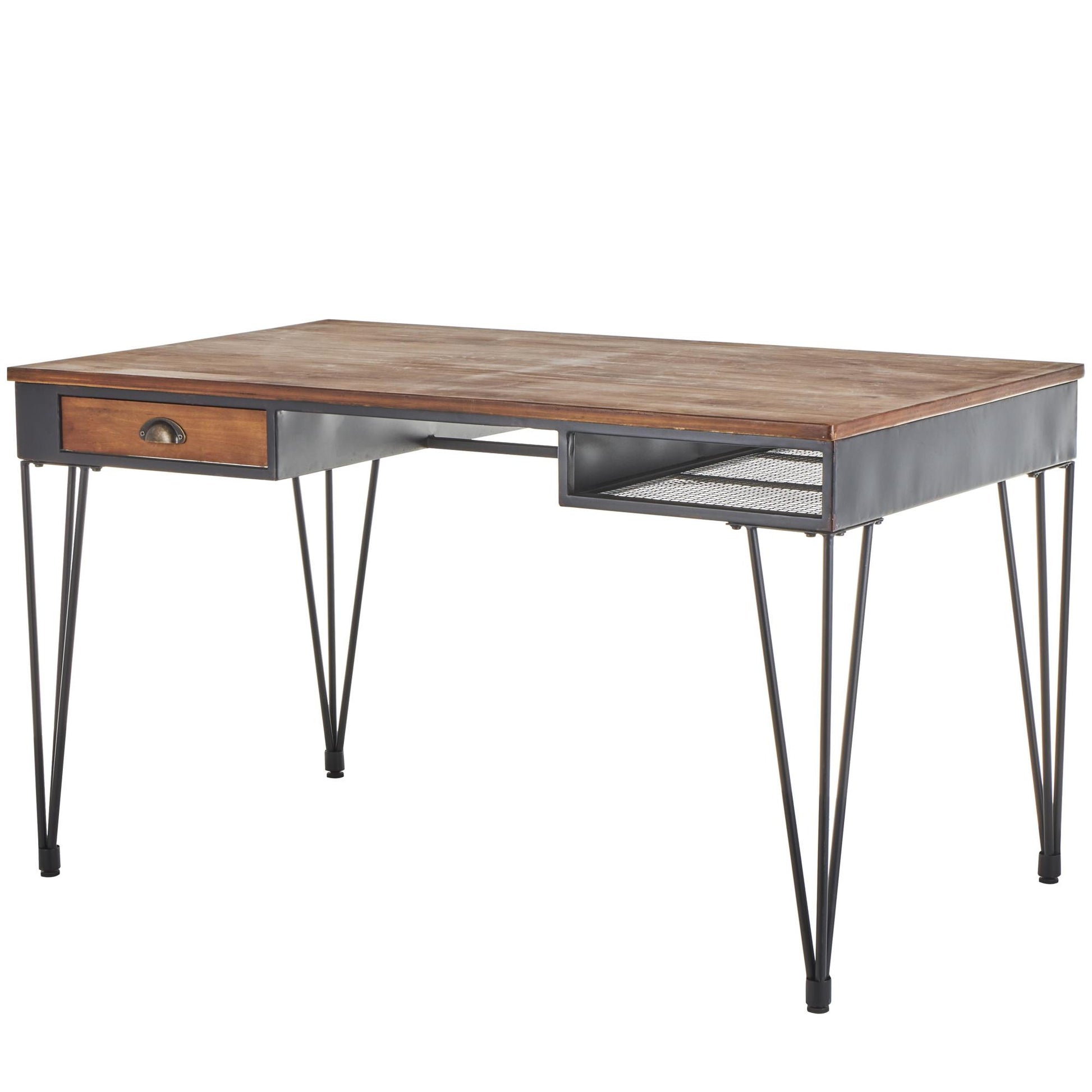 Black Metal Double Sided Living Room Desk with Brown Wooden Tabletop and Drawers