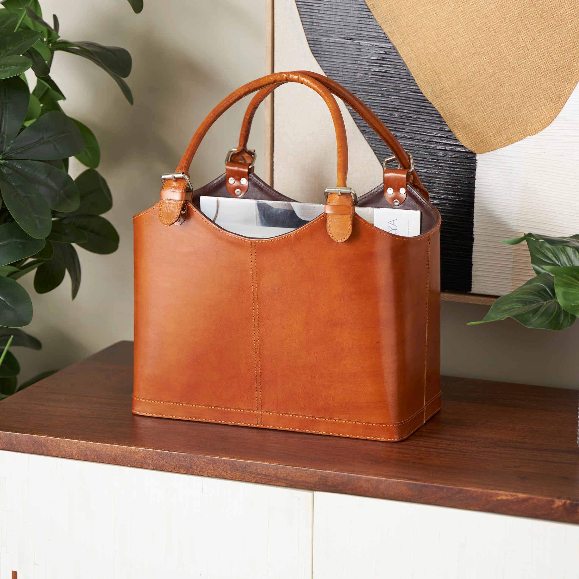 Leather Handmade Box Style Decorative Magazine Holder with Detail Stitching and Curved Buckle Handles