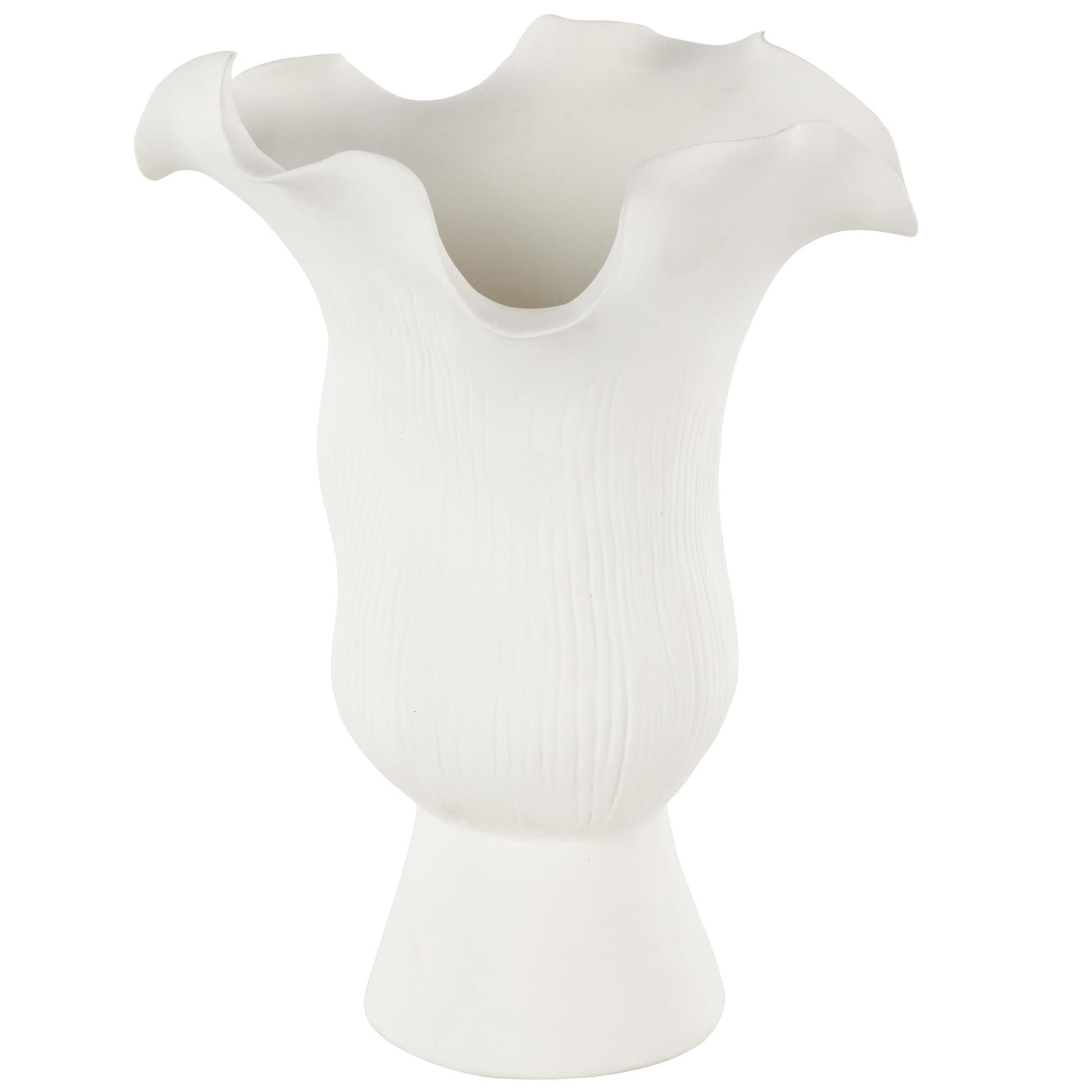 Abstract Ceramic Floral Inspired Decorative Vase with Wavy Folded Rim and Linear Grooves