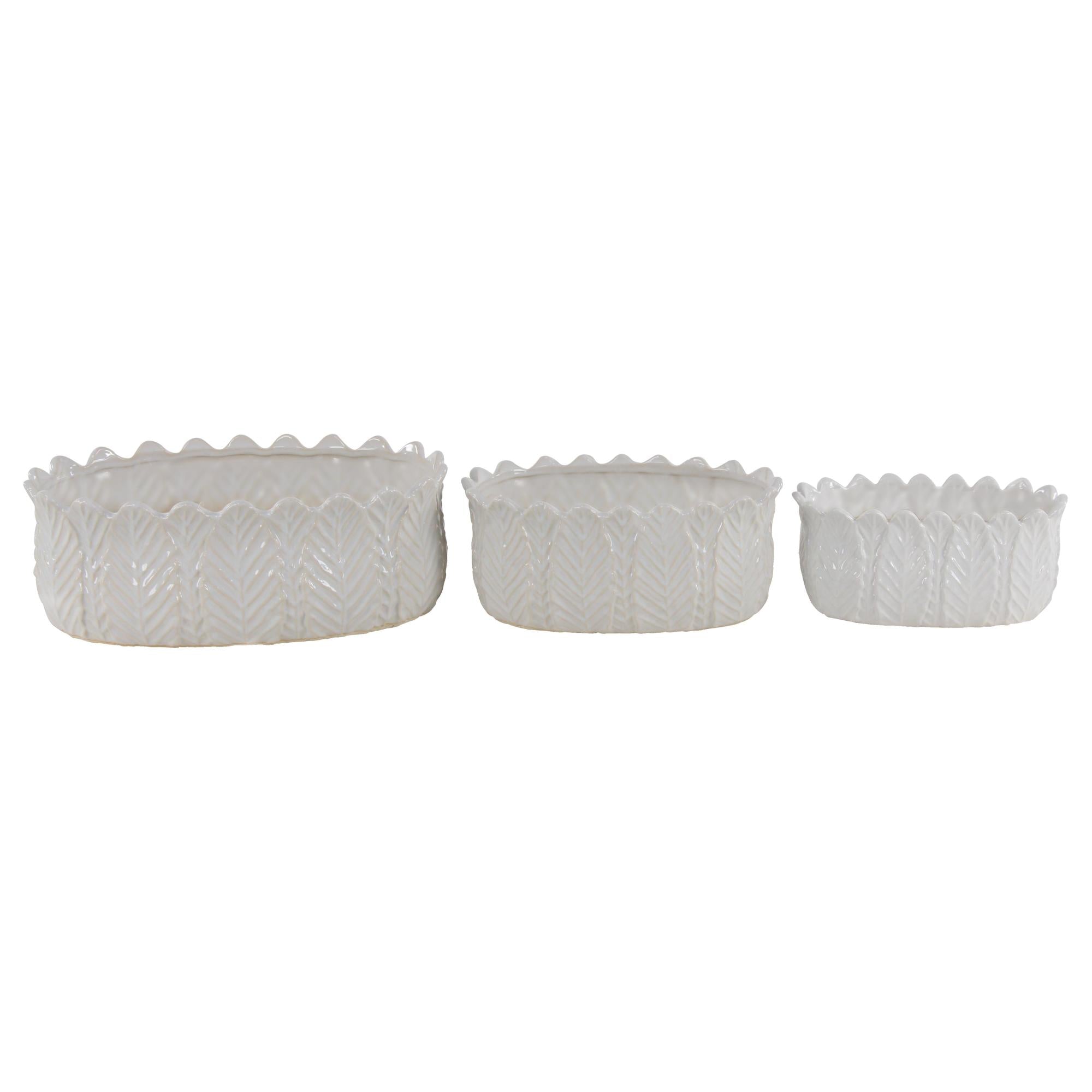 Set of 3 Leaf White Ceramic Indoor Outdoor Planter