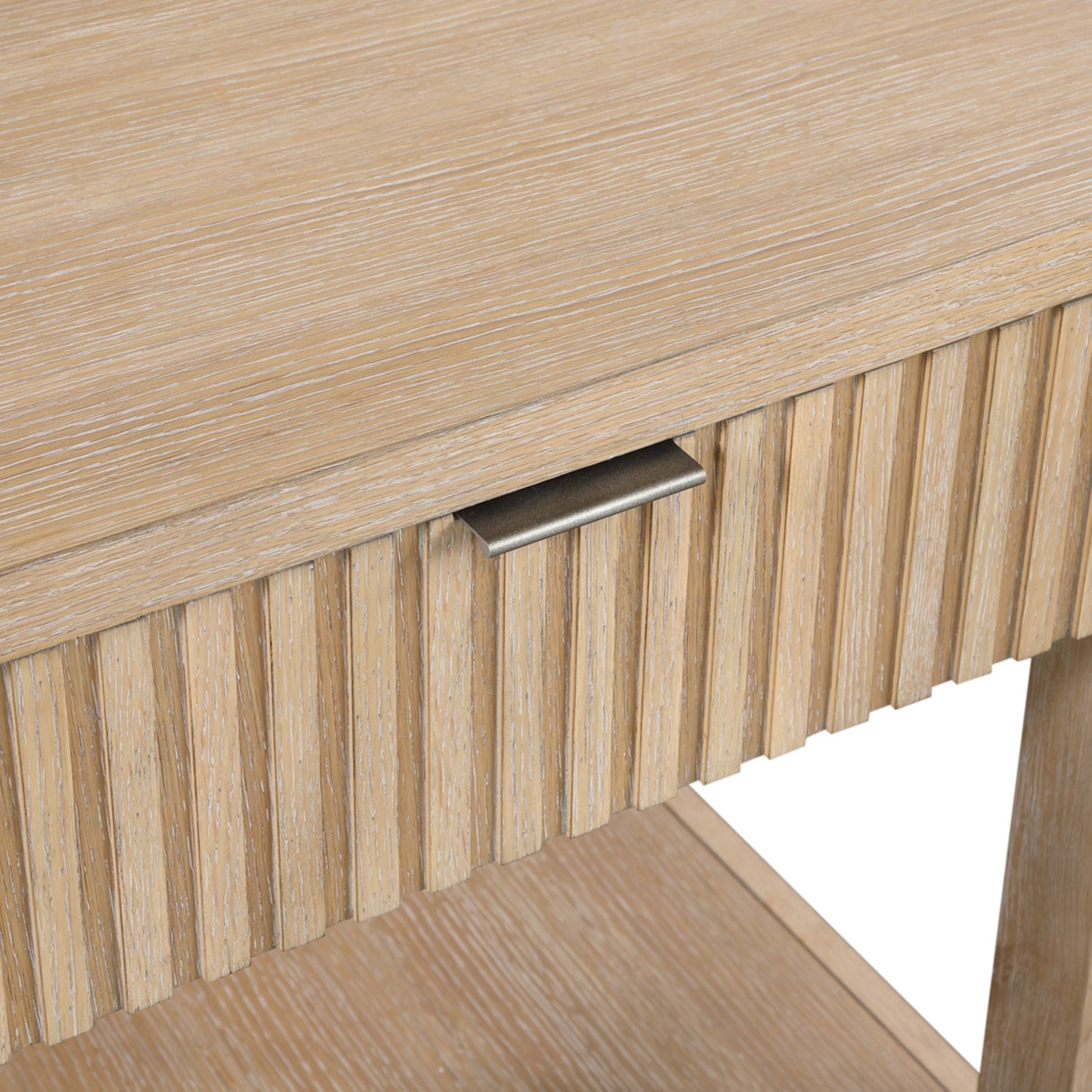 Light Brown Wooden Slatted 1 Drawer Side End Accent Table with Natural Wood Grains and Silver Handle