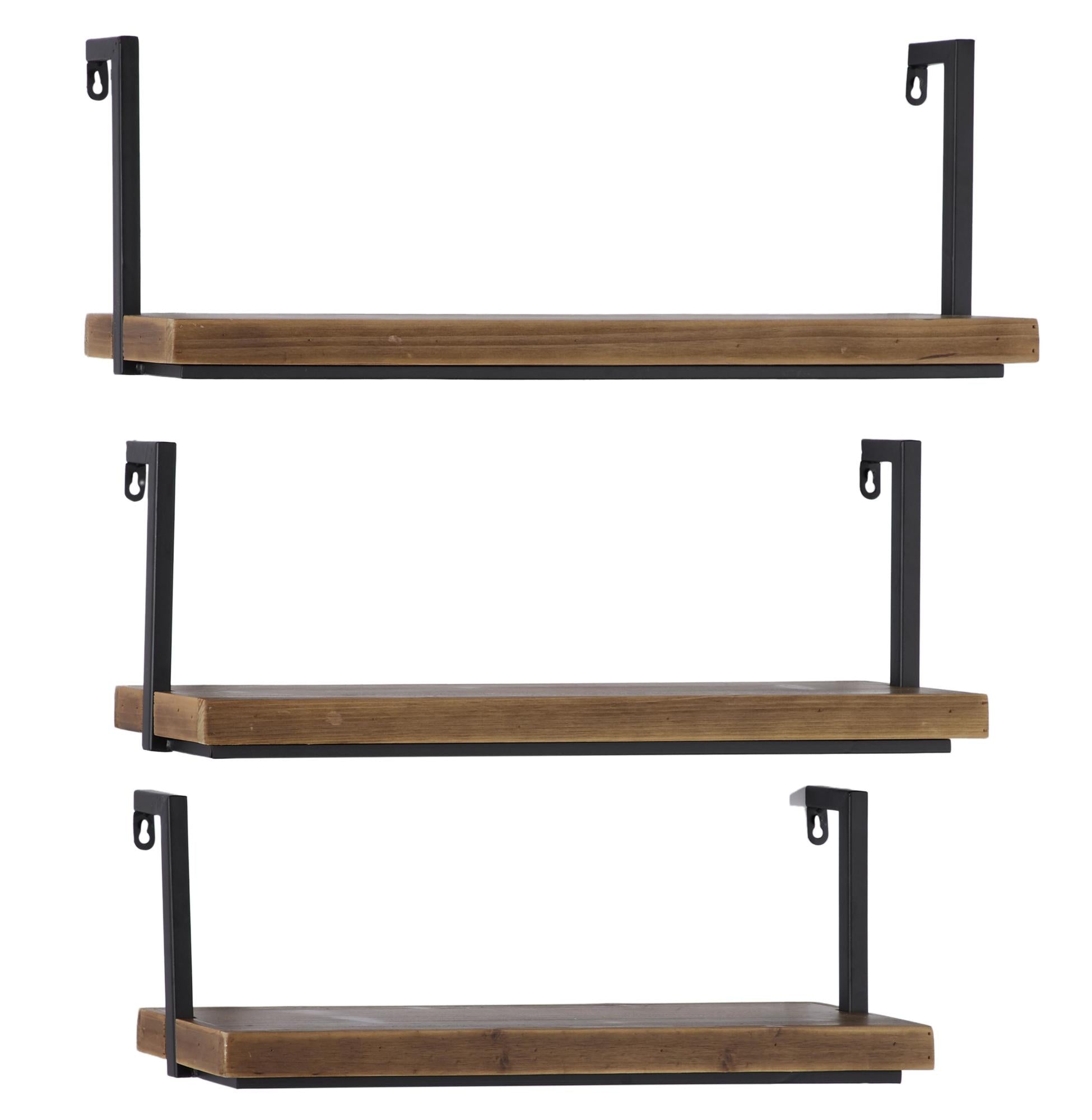 Set of 3 Brown Wood Floating Room Wall Shelf with Black Metal Frames