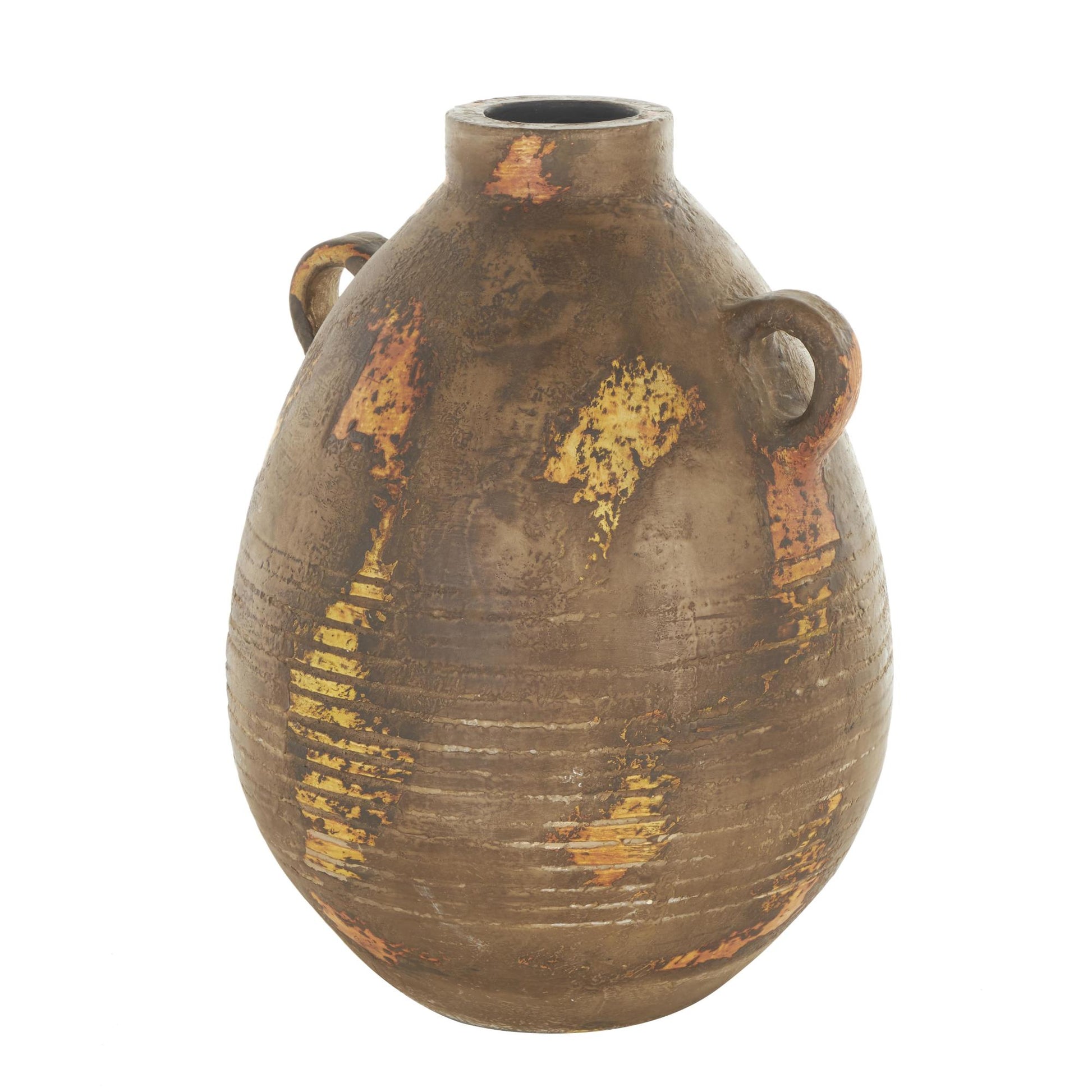 Brown Ceramic Antique Style Distressed Decorative Vase with Grooves and Handles