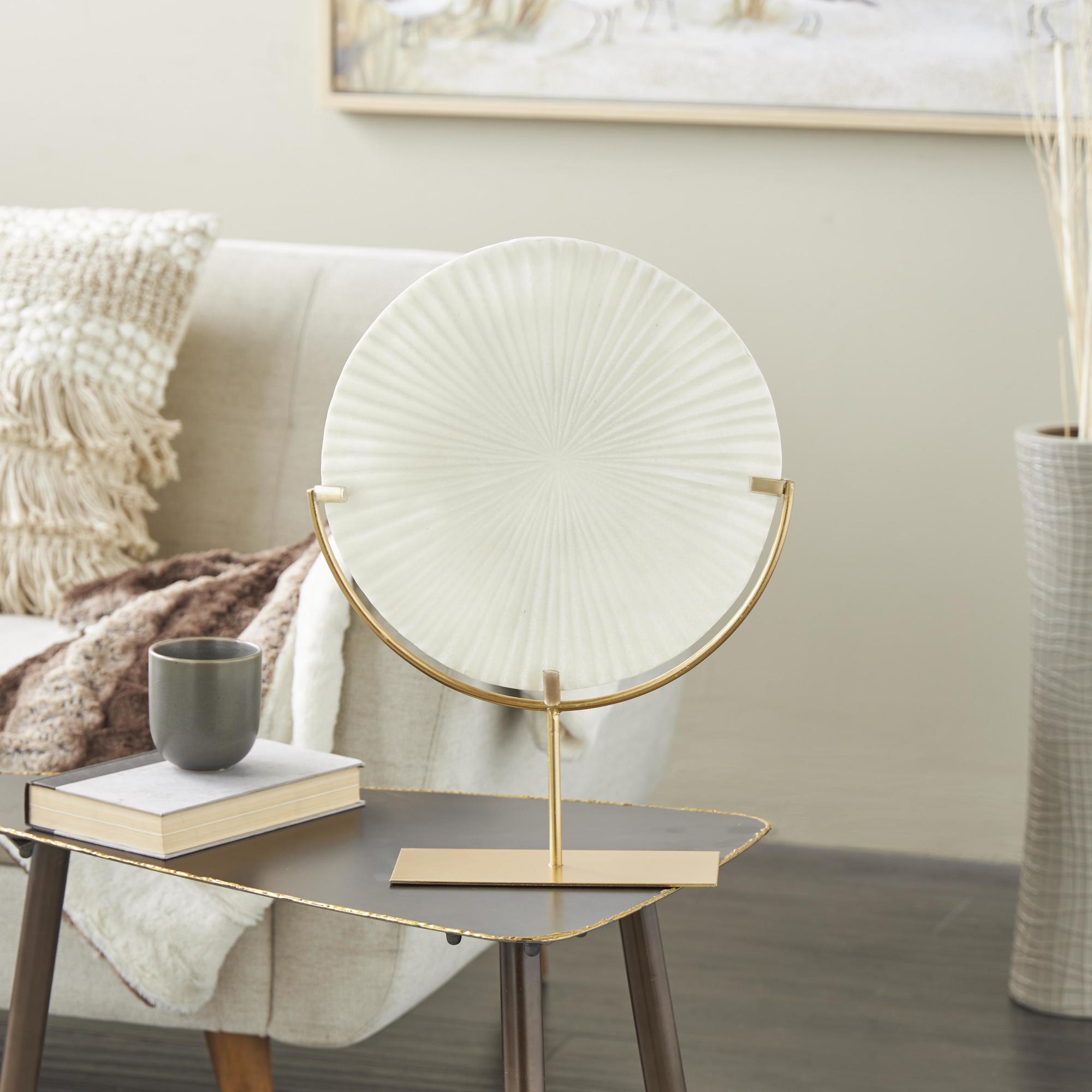Starburst White Polystone Textured Round Disk Decorative Sculpture with Gold Stand