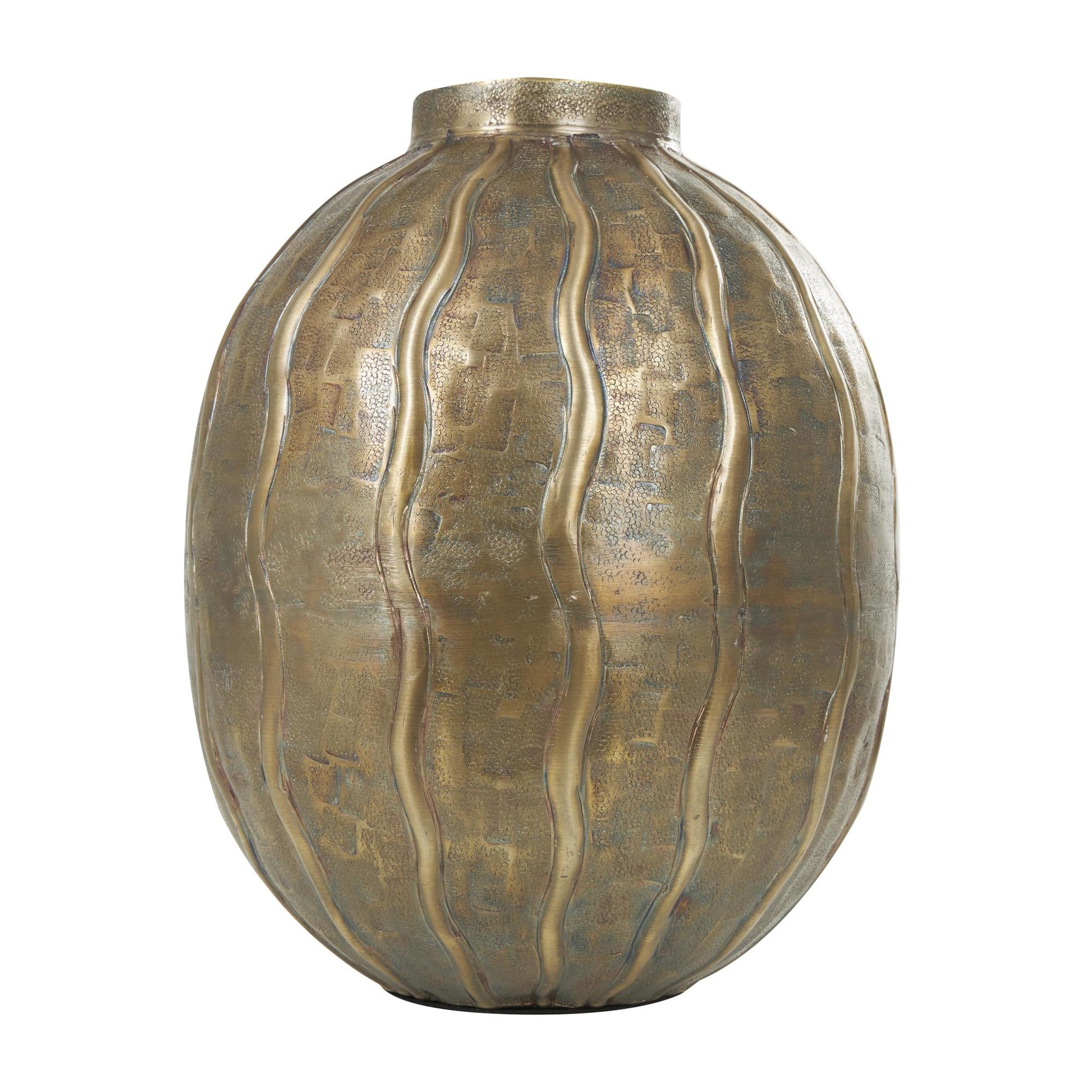 Brass Metal Snakeskin Inspired Decorative Vase with Dimensional Wavy Accents