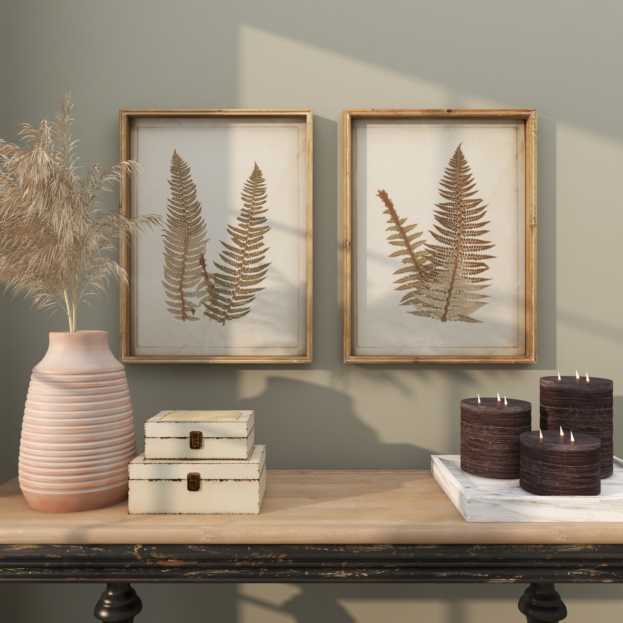 Set of 2 Leaf Brown Wood Fern Home Shadow Box with Beige Backing