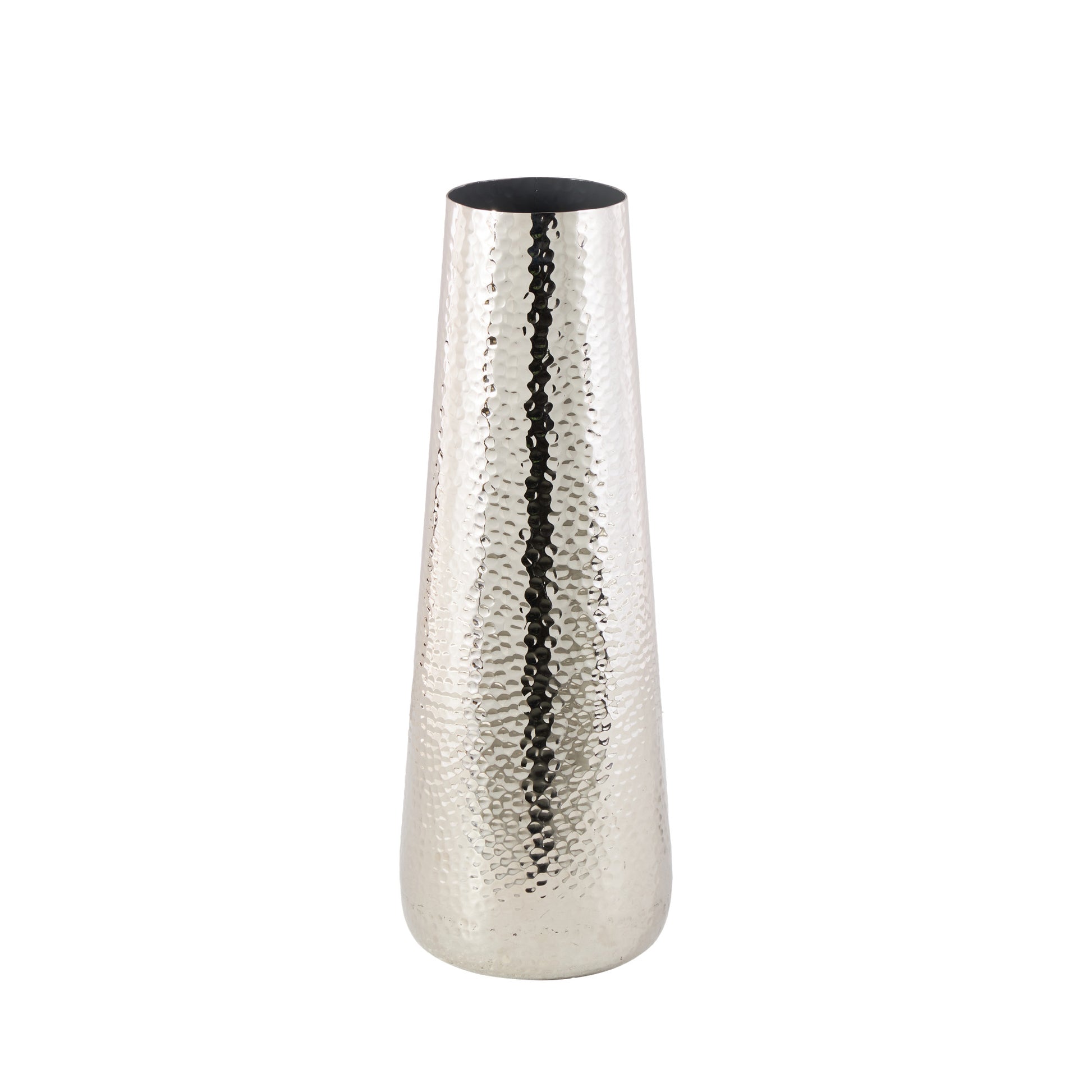 Silver Aluminum Metal Tall Hammered Decorative Vase