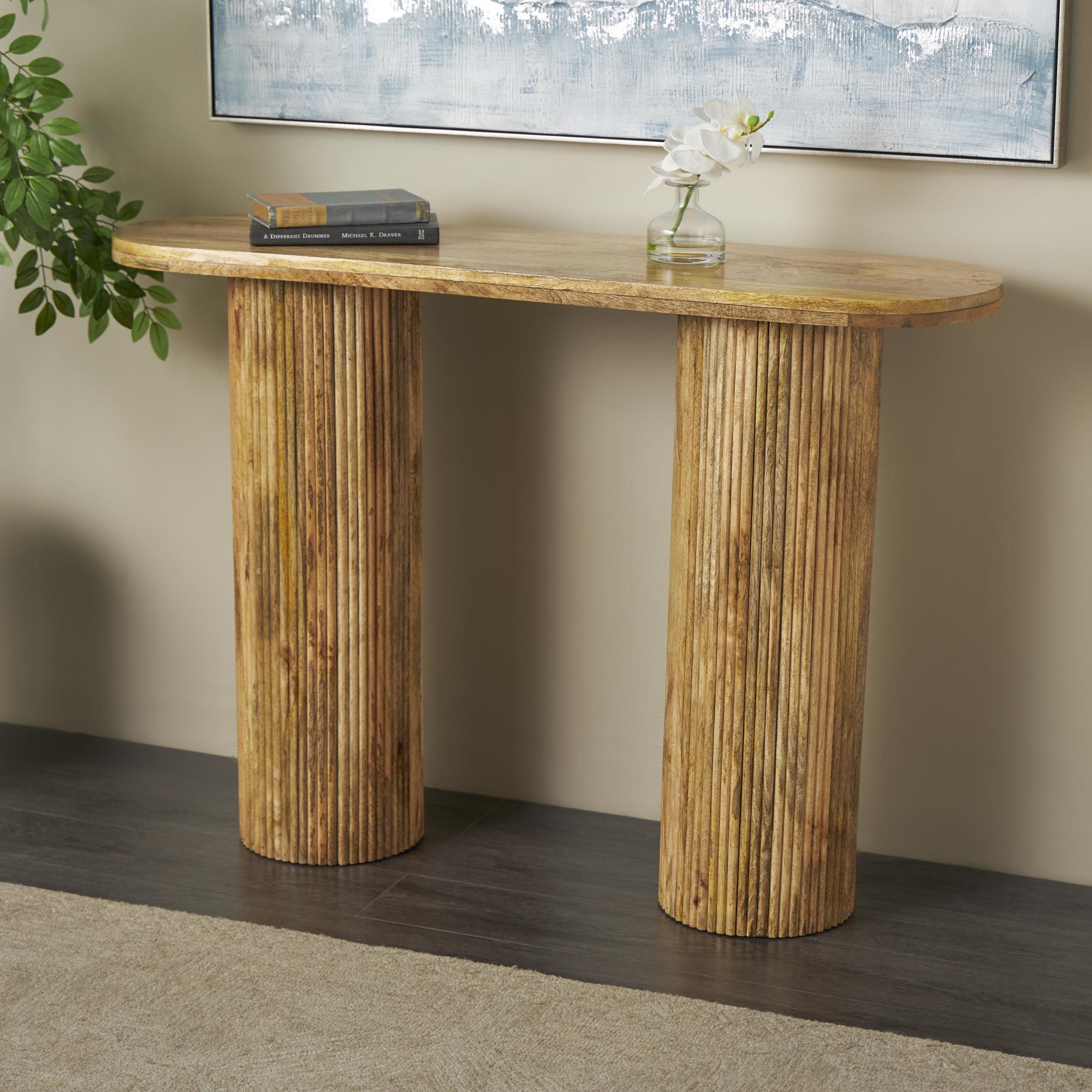Brown Mango Wood Handmade Oval Living Room Console Table with Ribbed Legs
