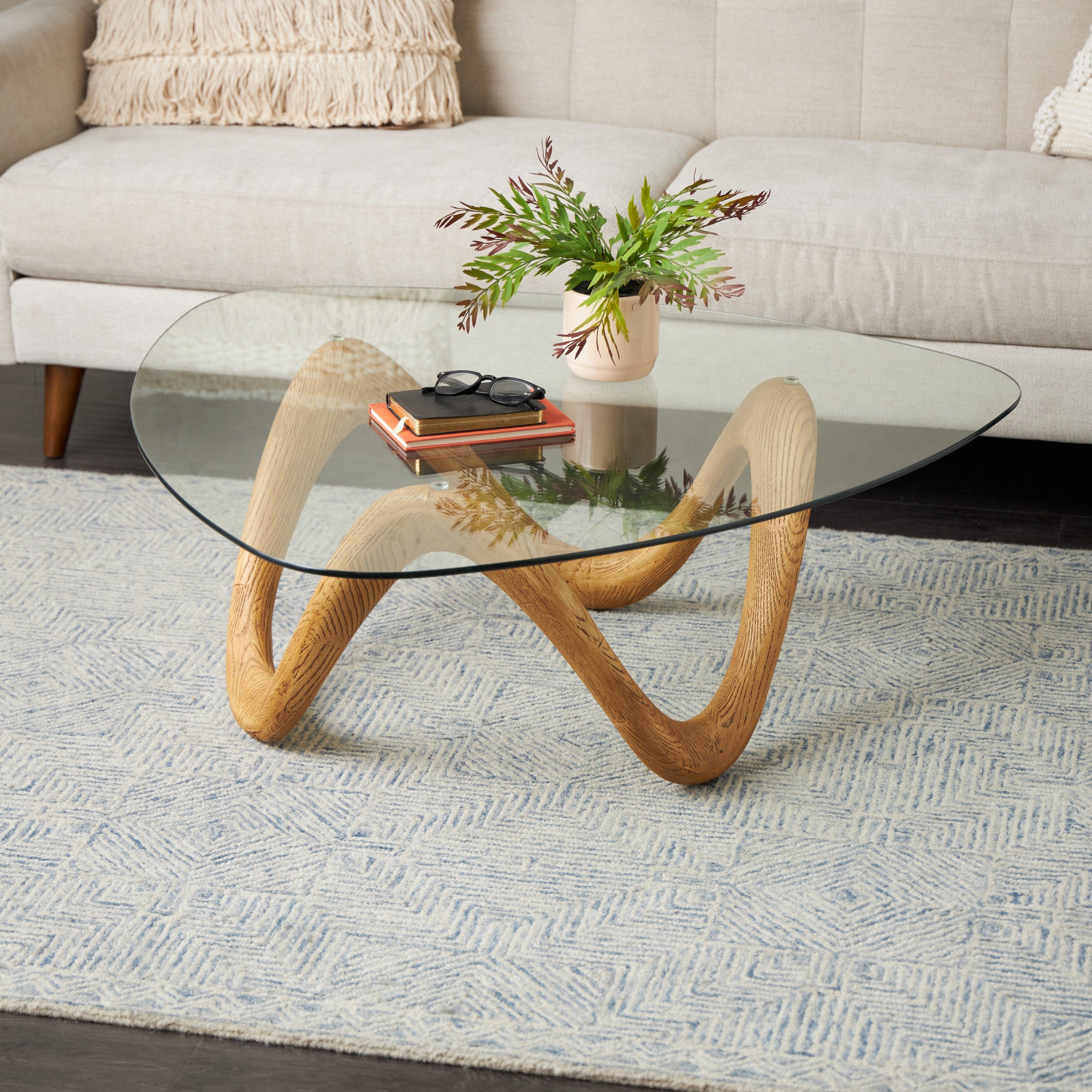 Abstract Polystone Wood Inspired Wavy Side End Accent Table with Glass Tabletop