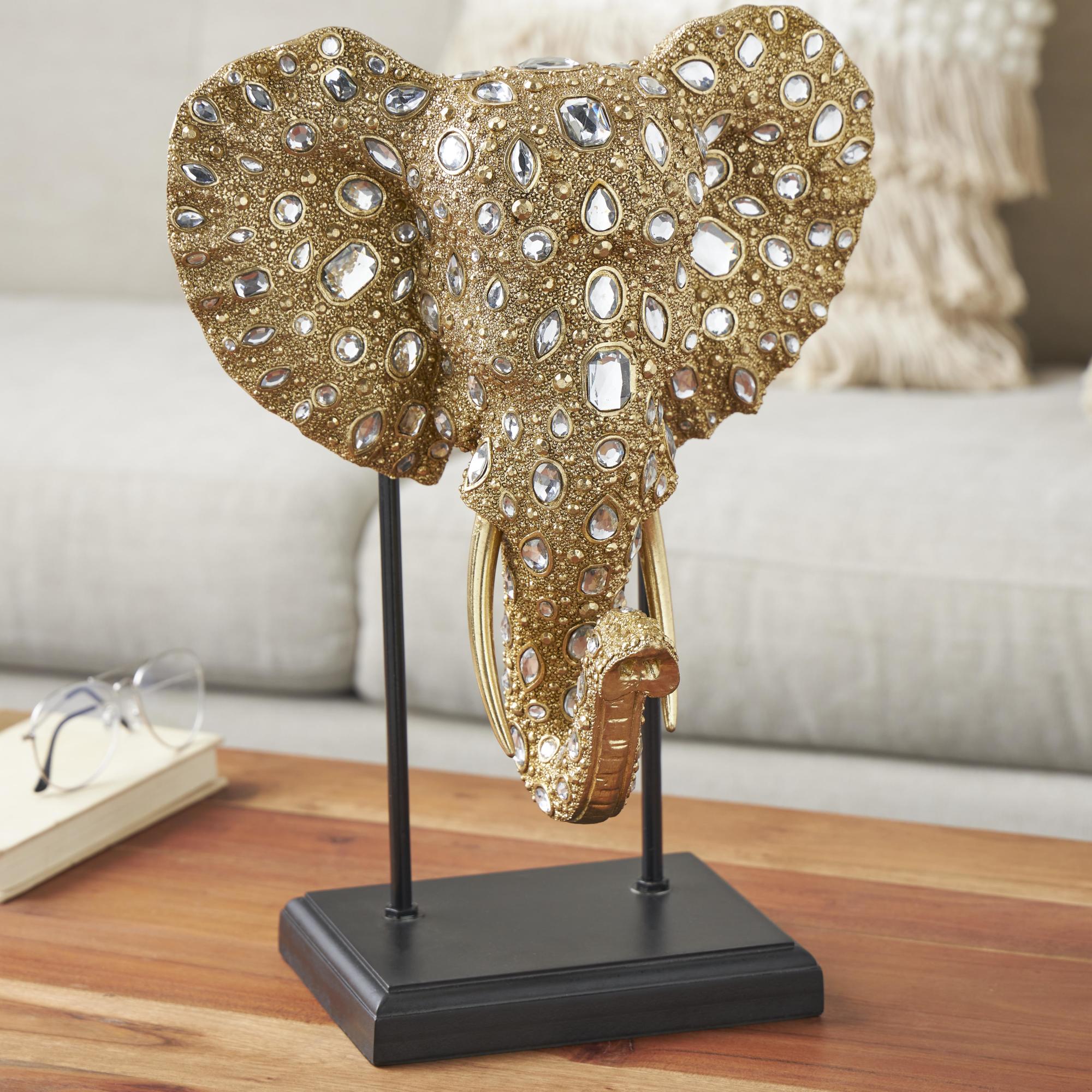 Elephant Gold Resin Beaded Decorative Sculpture with Rhinestone Accents and Black Metal Stand