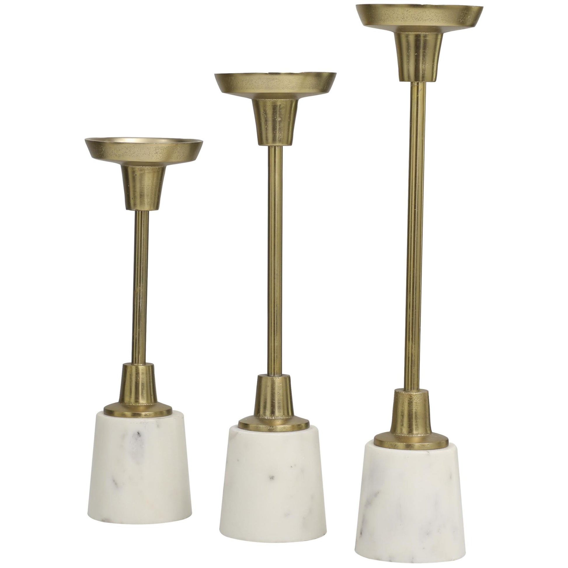 Set of 3 Gold Aluminum Metal Slim Decorative Candle Holder with White Marble Base