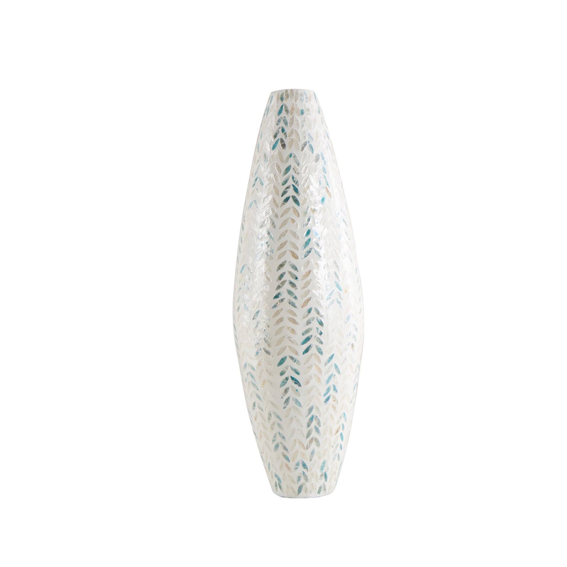 Leaf Cream Mother of Pearl Shell Handmade Tall Mosaic Decorative Vase with Blue Accents