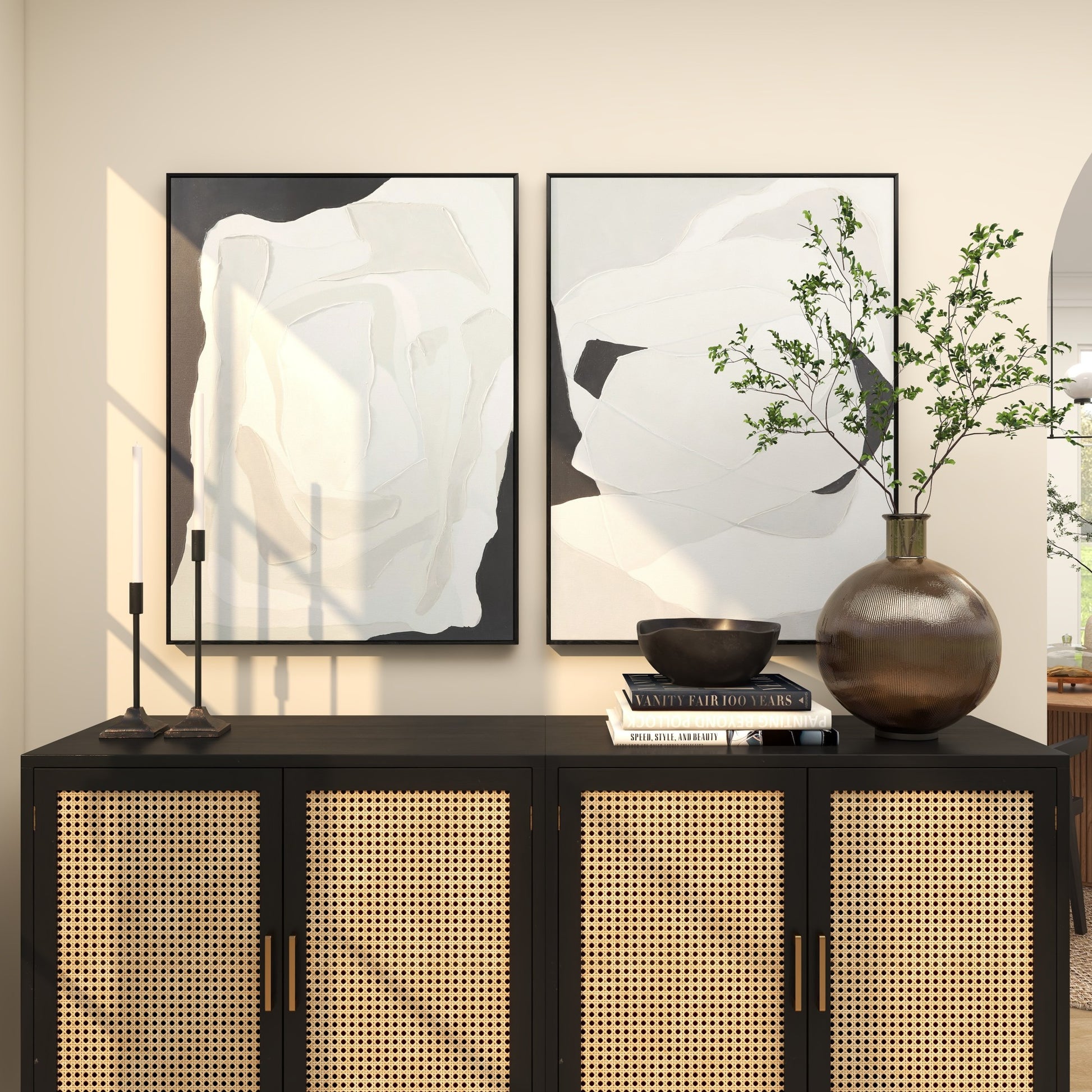 Set of 2 Abstract White Canvas Living Room Framed Wall Art with Black Frame