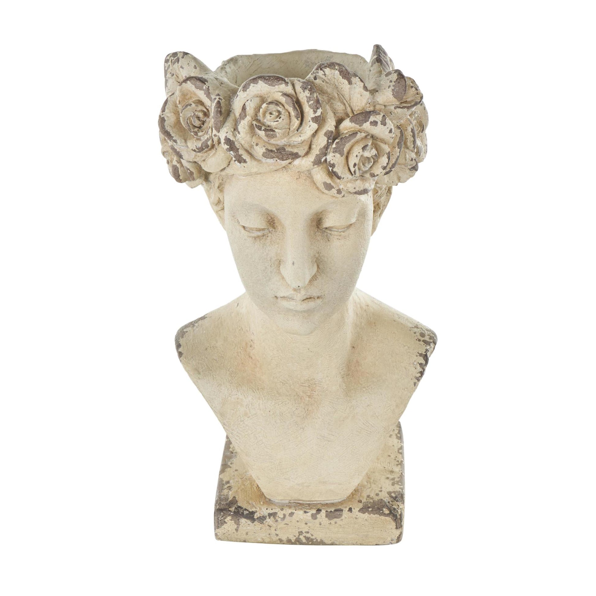 Woman Cream Magnesium Oxide Distressed Antique Greek Bust Indoor Outdoor Planter with Floral Accents
