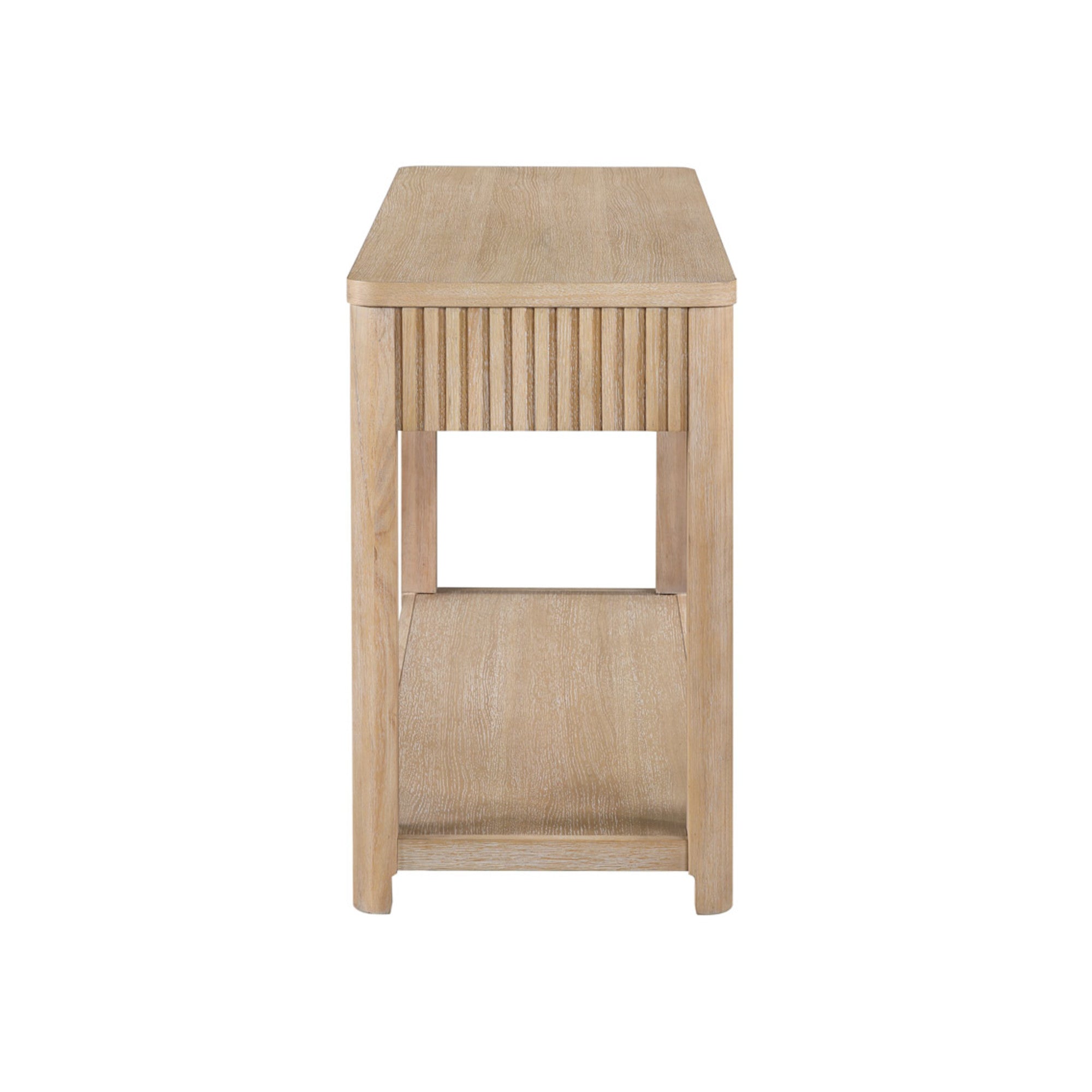 Light Brown Wooden Slatted 2 Drawer Living Room Console Table with Natural Wood Grains and Silver Handles