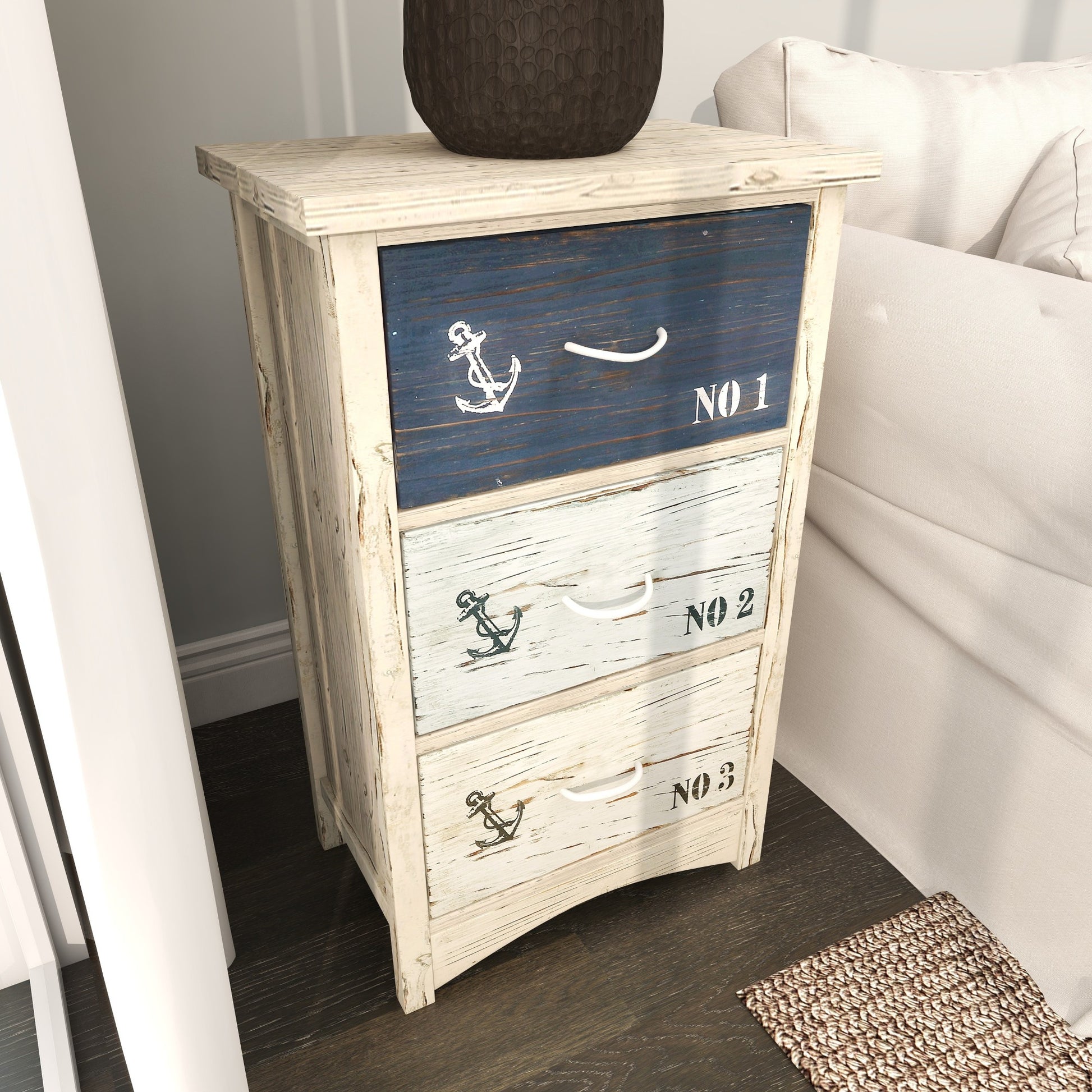Anchor Blue Wooden Small Distressed Room Chest with 3 Numbered Drawers and Rope Handles