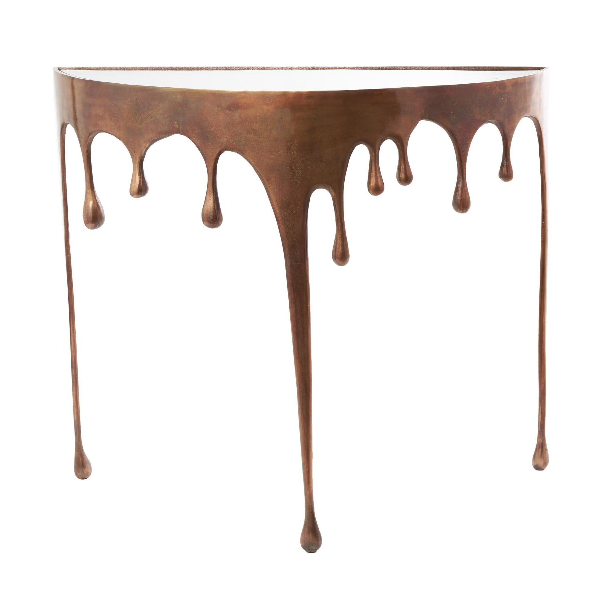 Abstract Aluminum Metal Crescent Drip Living Room Console Table with Melting Design Legs and Glass Top