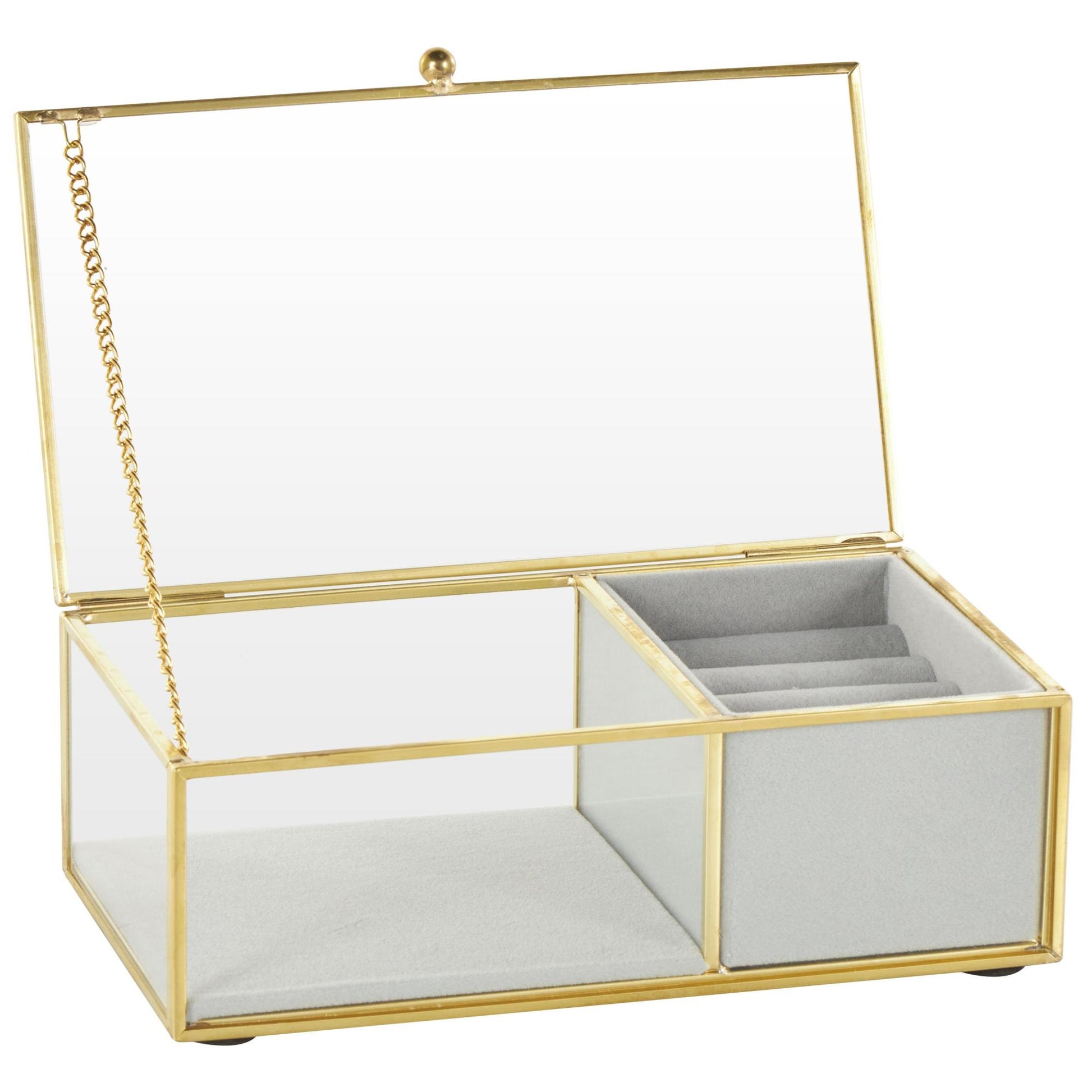 Clear Glass Decorative Jewelry Box with Gold Metal Frame and Gray Fabric Interior with Ring Slots