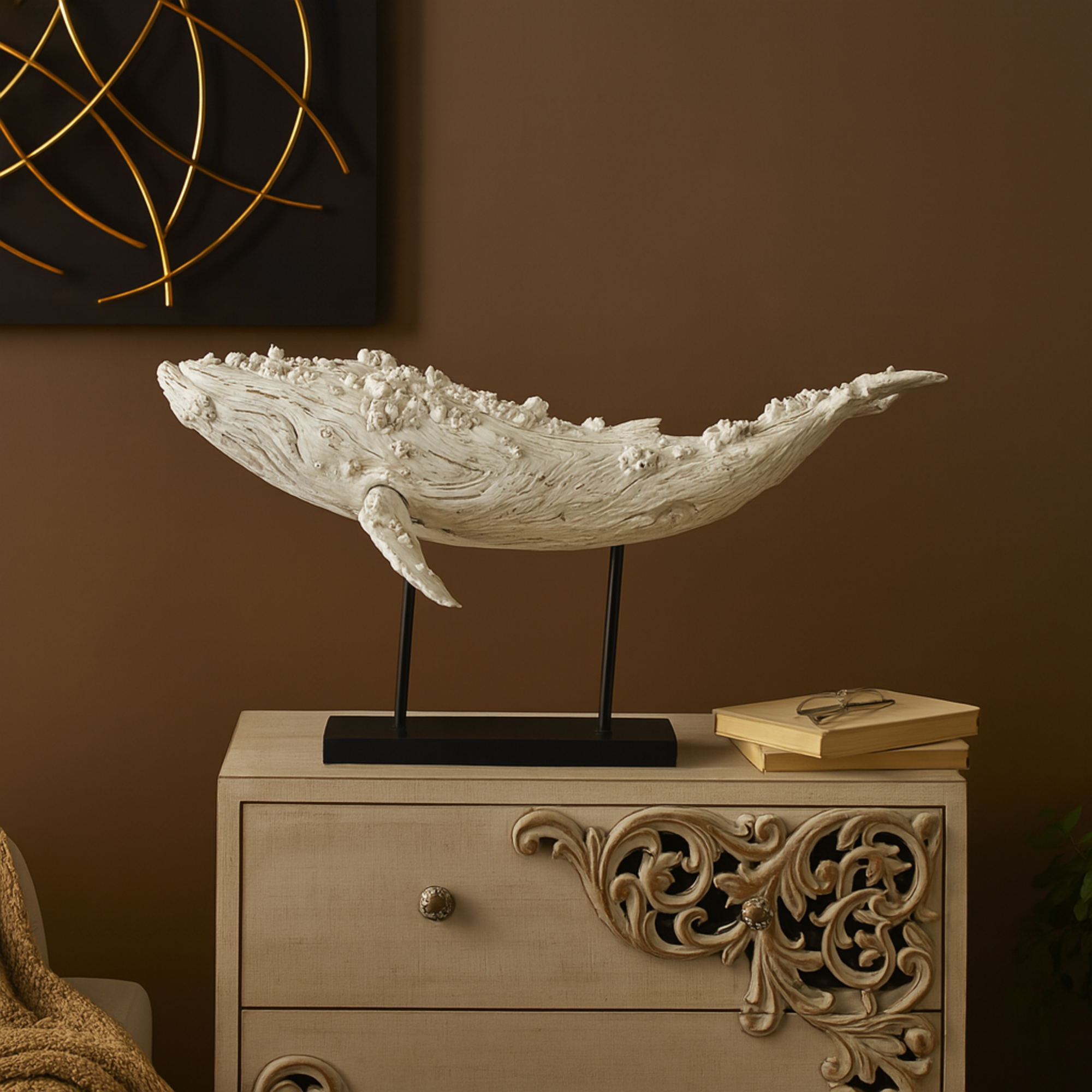 Whale Cream Polystone Textured Decorative Sculpture with Brown Distressing and Black Metal Stand