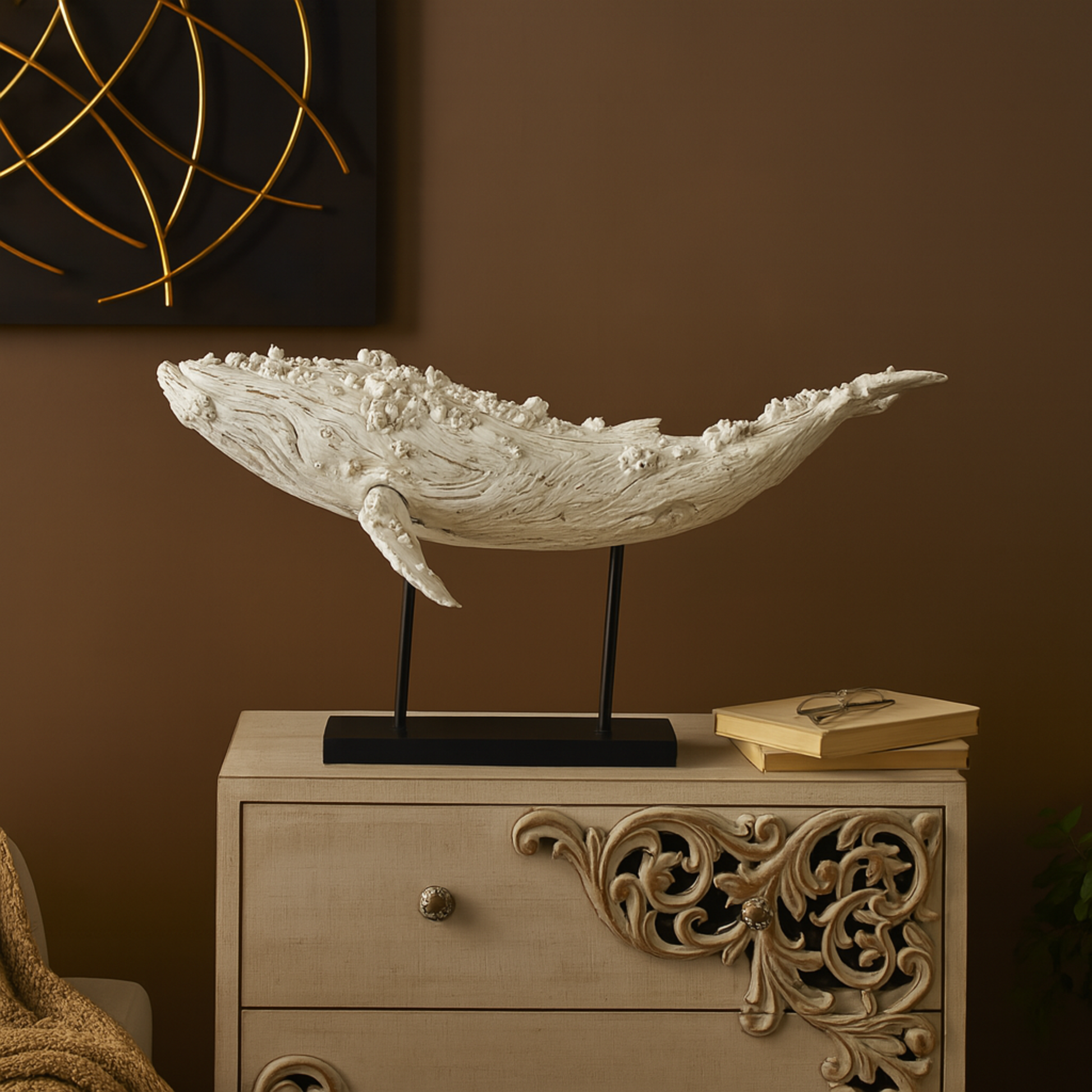 Whale Cream Polystone Textured Decorative Sculpture with Brown Distressing and Black Metal Stand