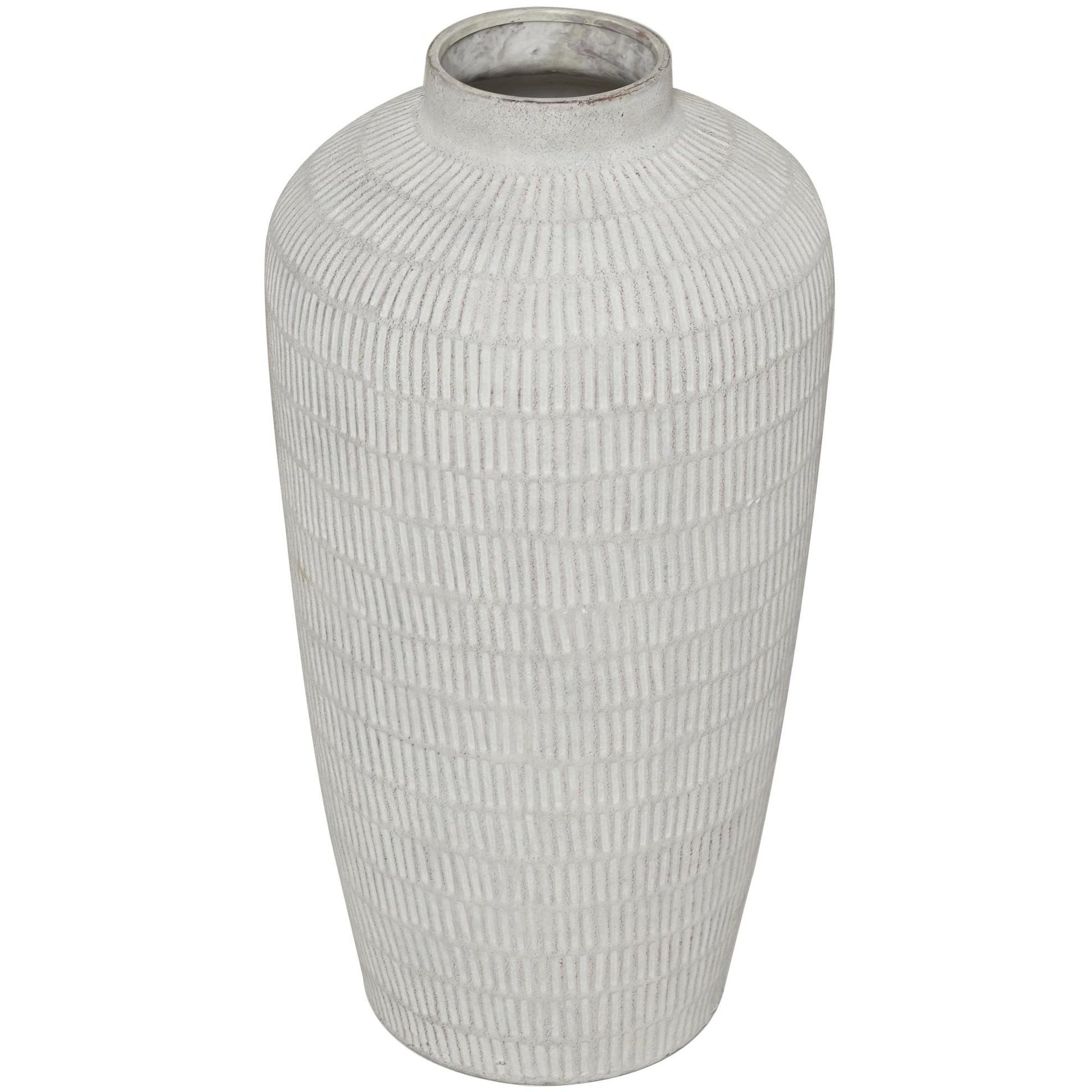 Cream Ceramic Textured Decorative Vase with Linear Pattern