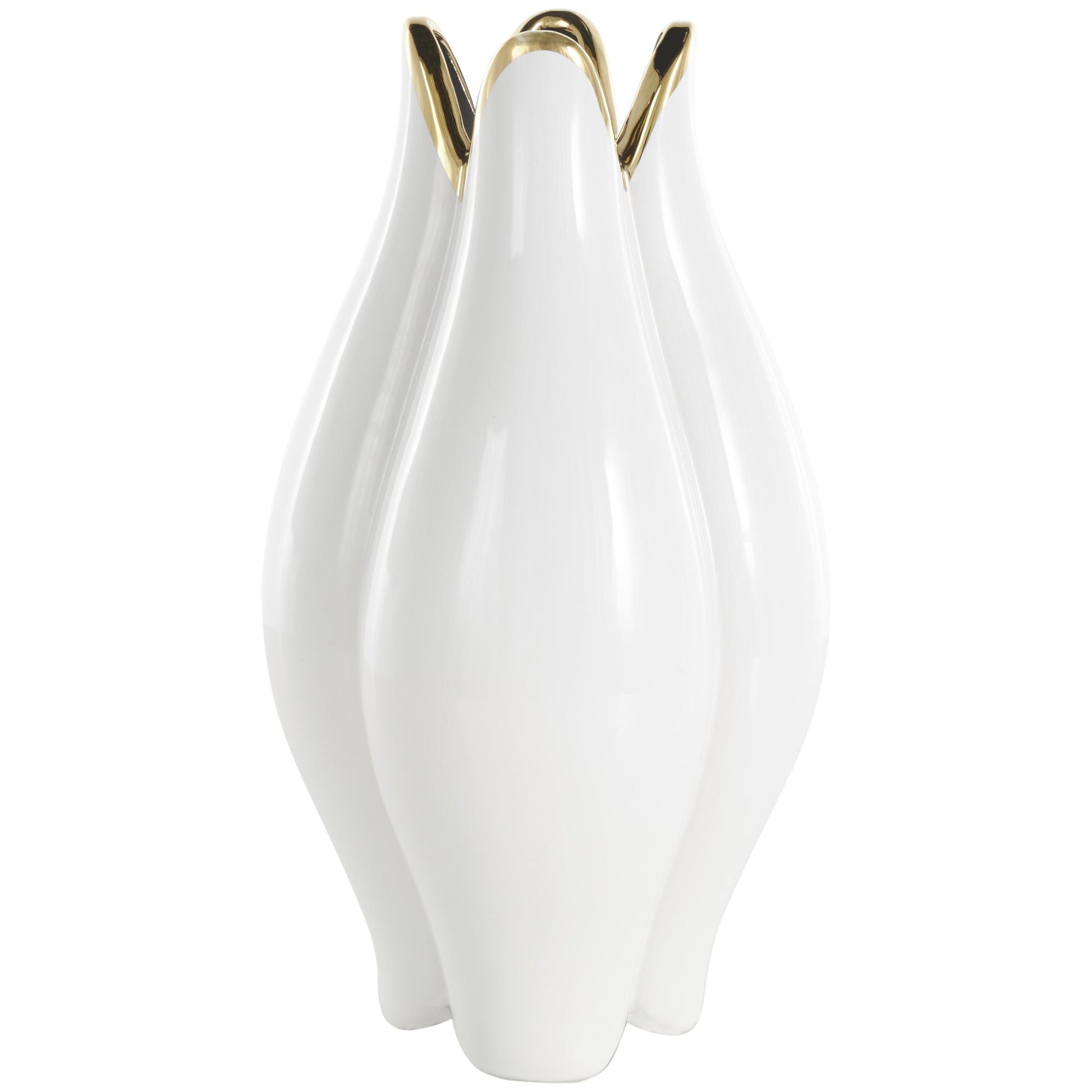 Floral White Ceramic Dimensional Shaped Decorative Vase with Metallic Gold Rim