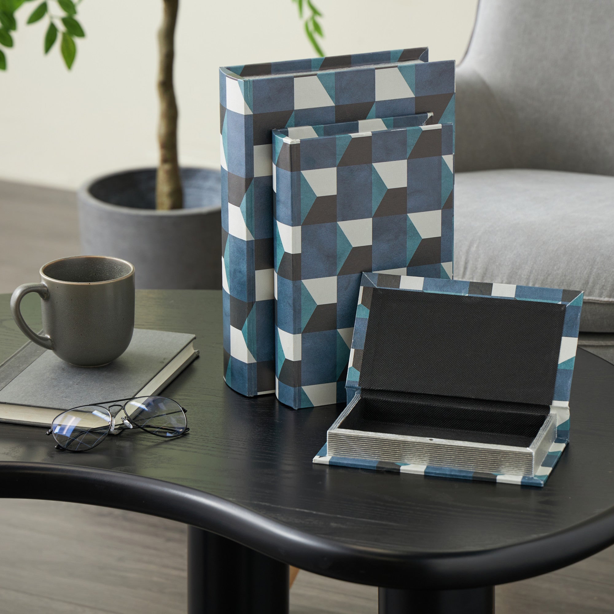 Set of 3 Geometric Blue Faux Leather Faux Book Storage Decorative Box with Black and White Accents